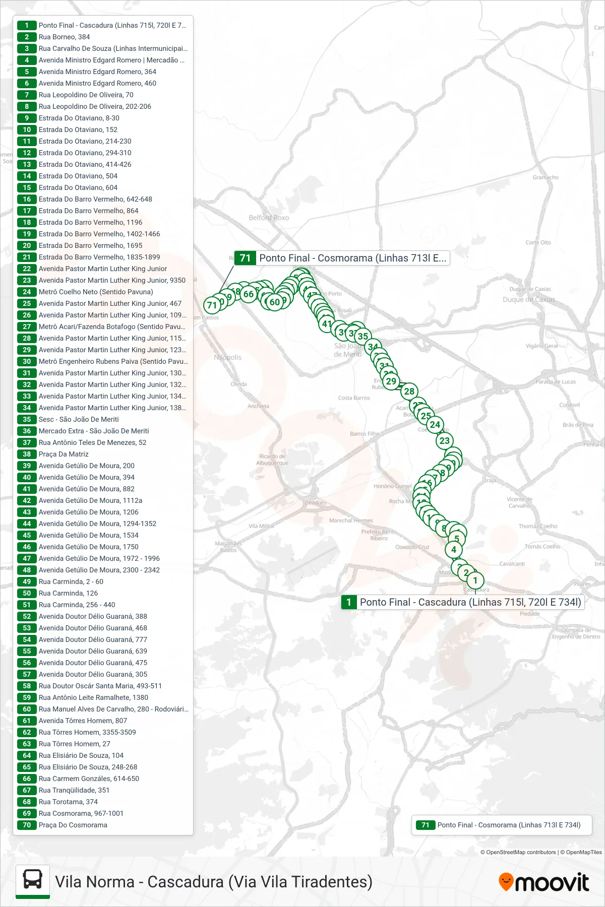 Rota e paradas da linha de ônibus 734L (Vila Norma / Cosmorama) no mapa