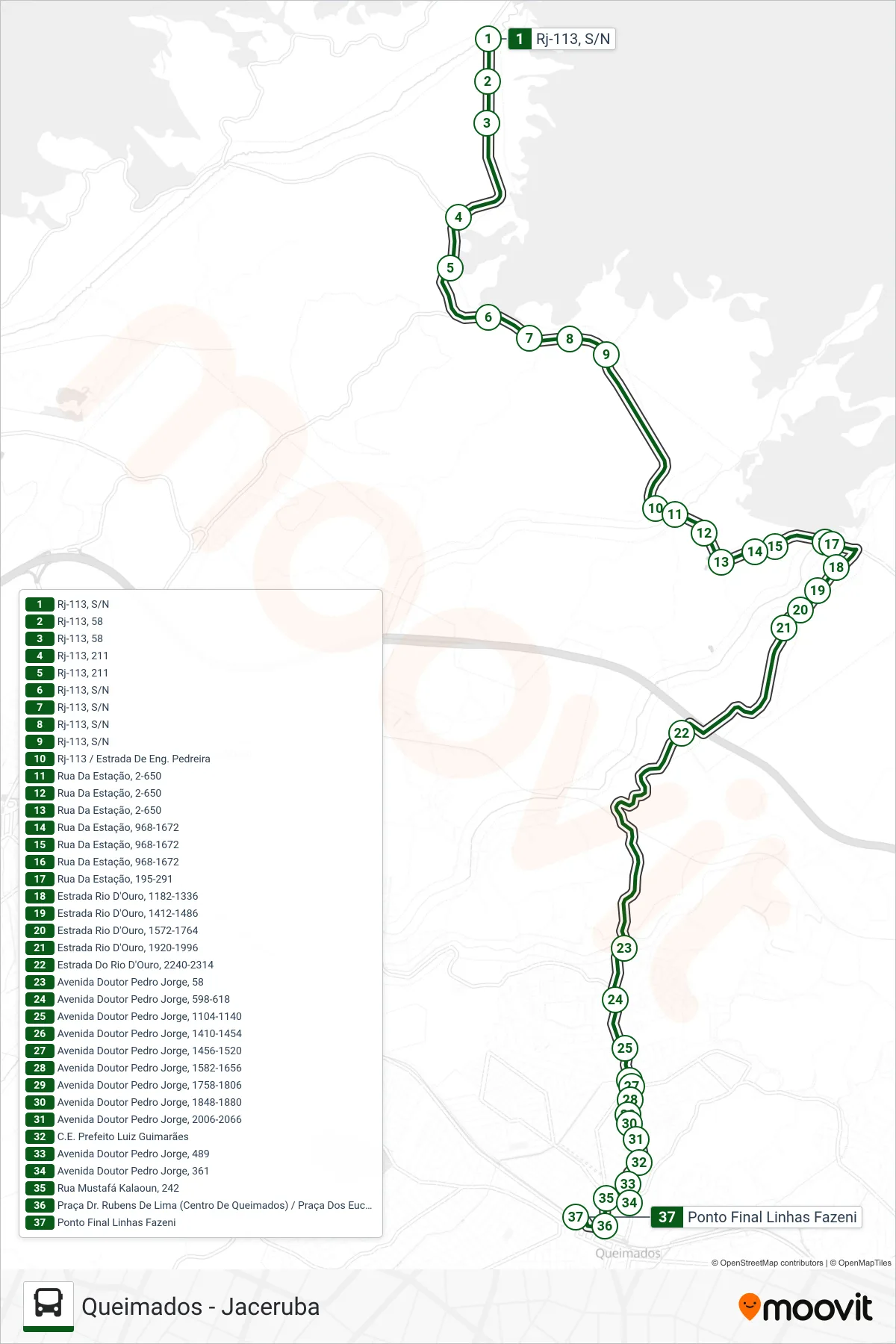 Rota e paradas da linha de ônibus 560I (Queimados) no mapa