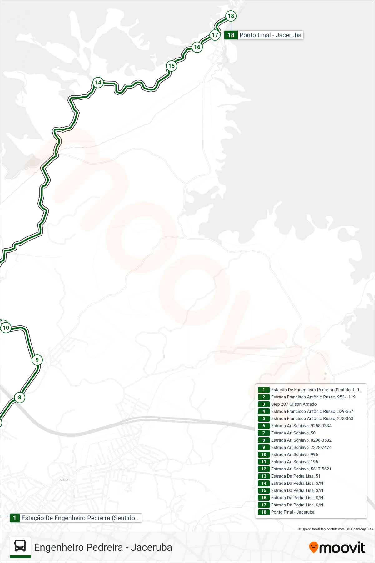 Rota e paradas da linha de ônibus 750I (Jaceruba) no mapa