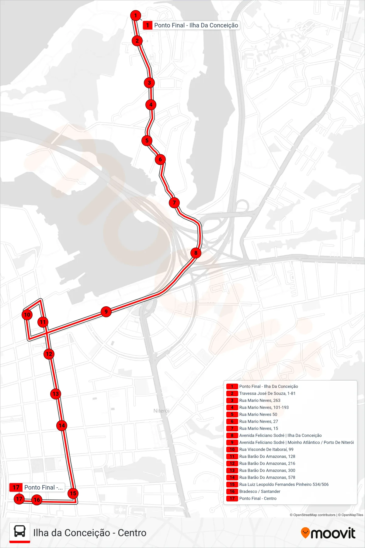 Rota e paradas da linha de ônibus 15 (Centro) no mapa