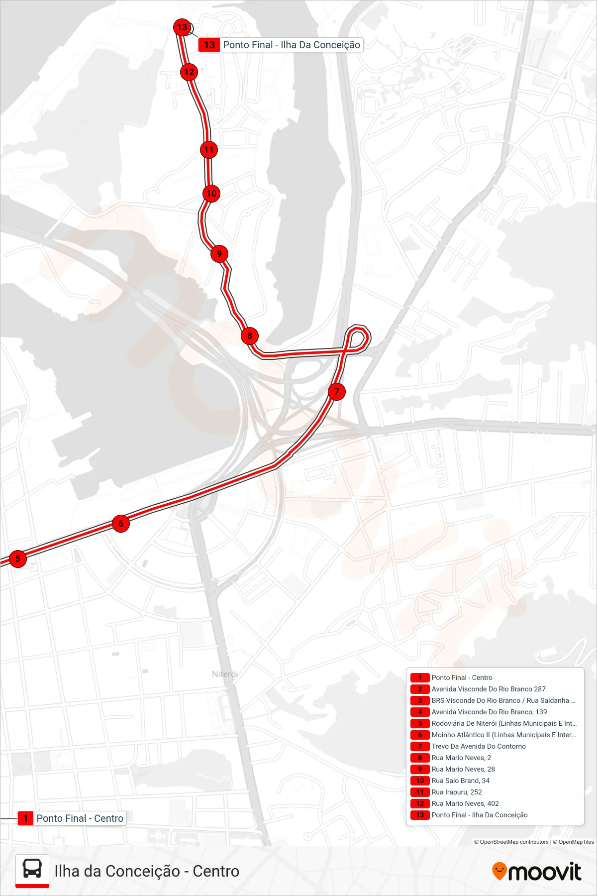 Rota e paradas da linha de ônibus 15 (Ilha Da Conceição) no mapa
