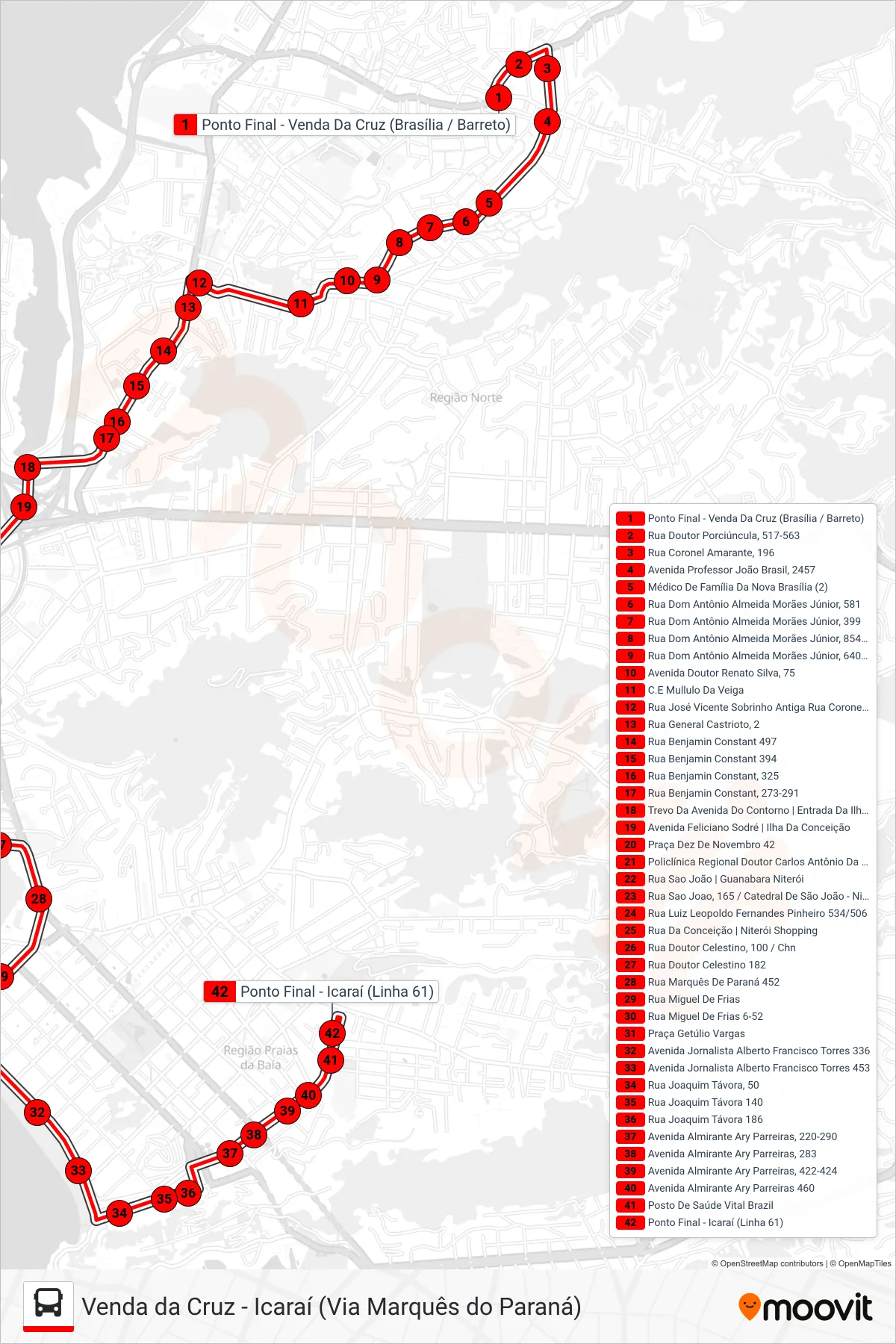 Rota e paradas da linha de ônibus 61 (Icaraí) no mapa