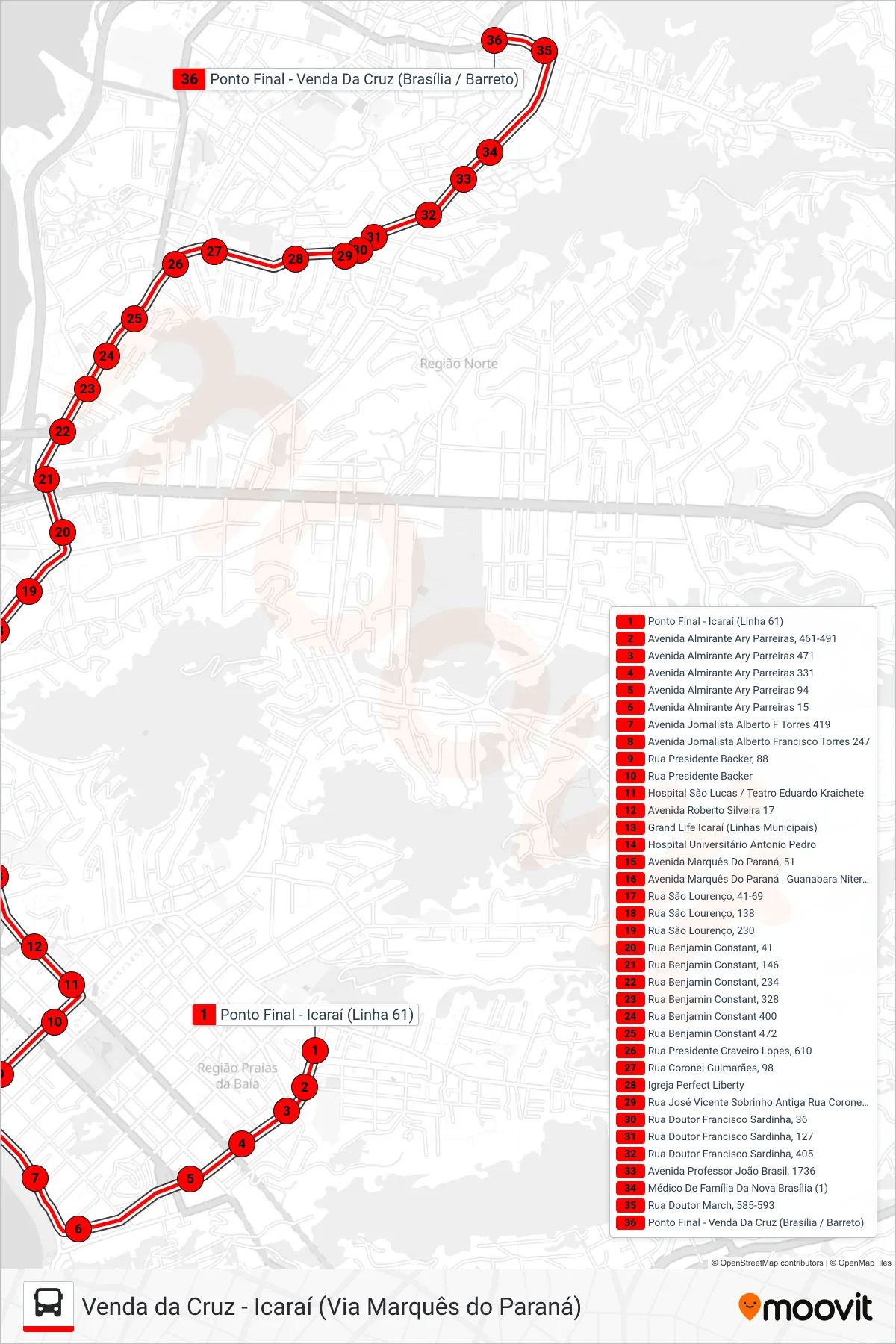 Rota e paradas da linha de ônibus 61 (Venda Da Cruz) no mapa