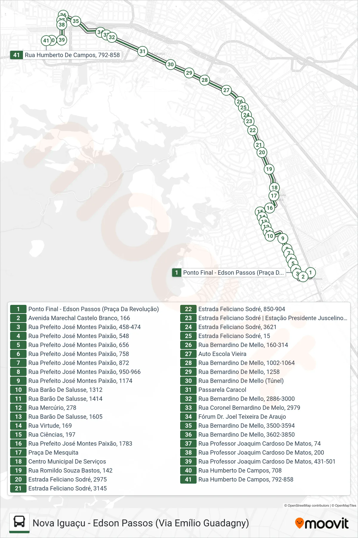 Rota e paradas da linha de ônibus 665I (Nova Iguaçu) no mapa