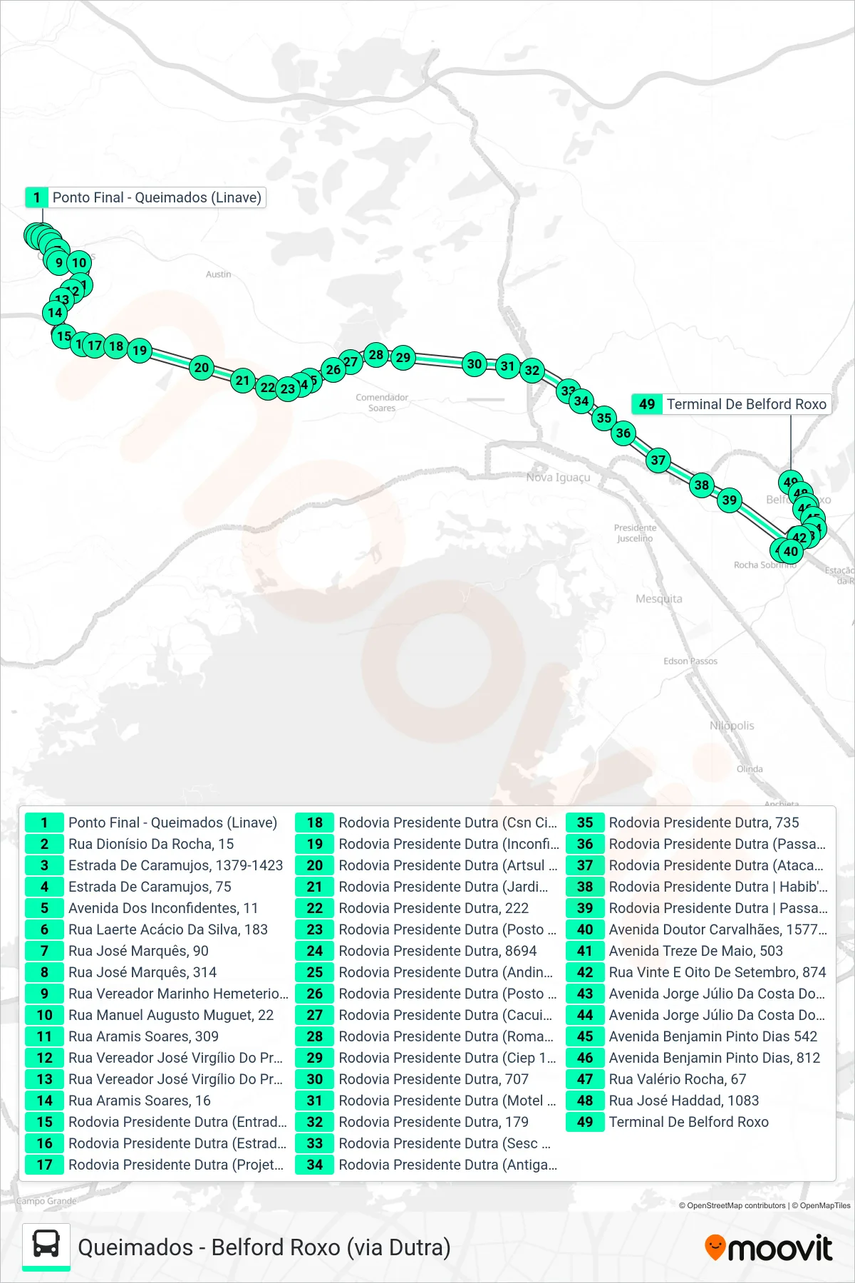 Rota e paradas da linha de ônibus 175I (Belford Roxo) no mapa