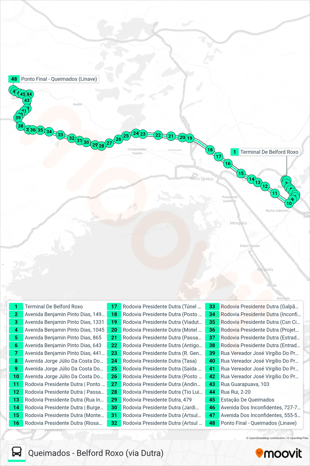 Rota e paradas da linha de ônibus 175I (Queimados) no mapa