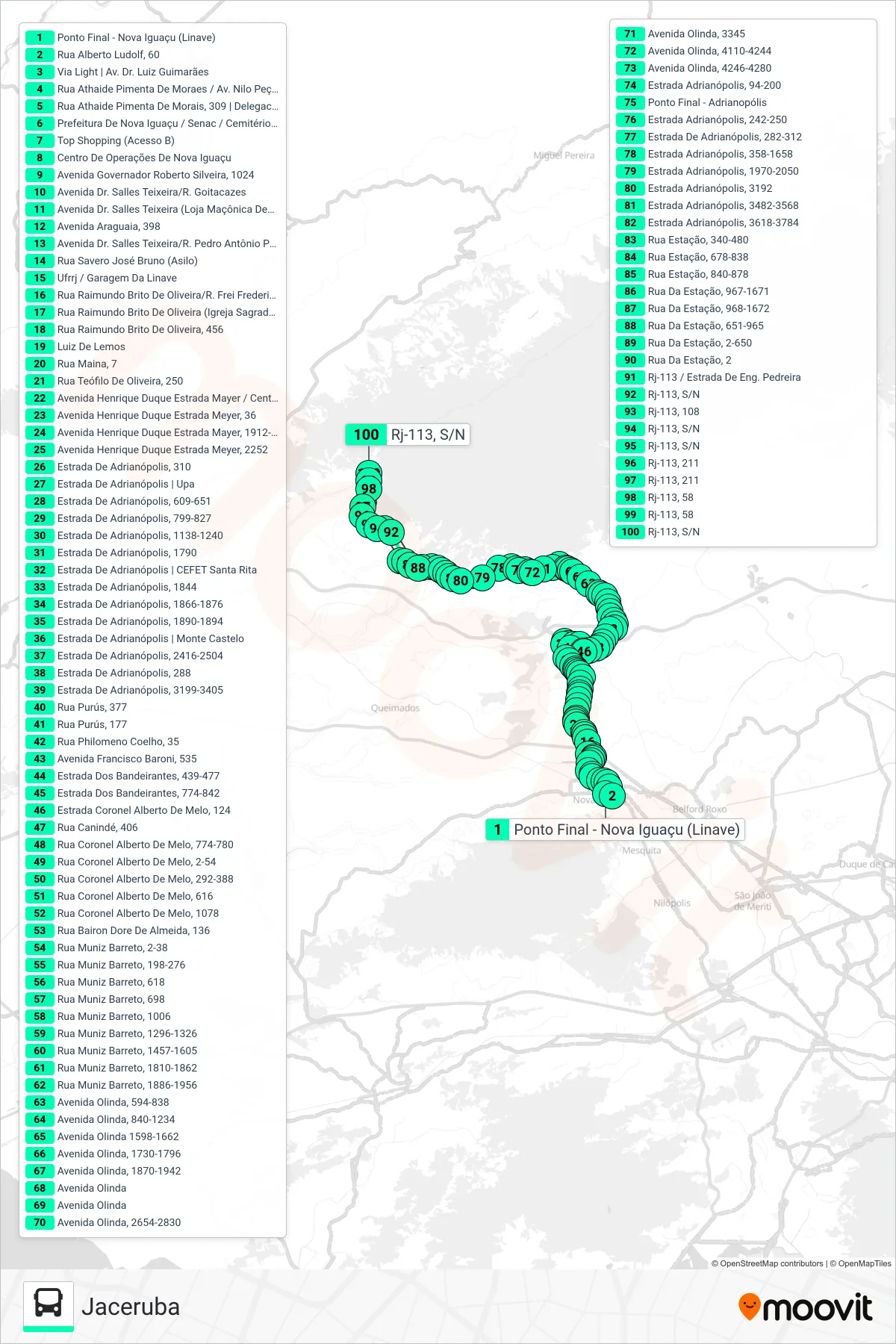 Rota e paradas da linha de ônibus 585I (Jaceruba) no mapa
