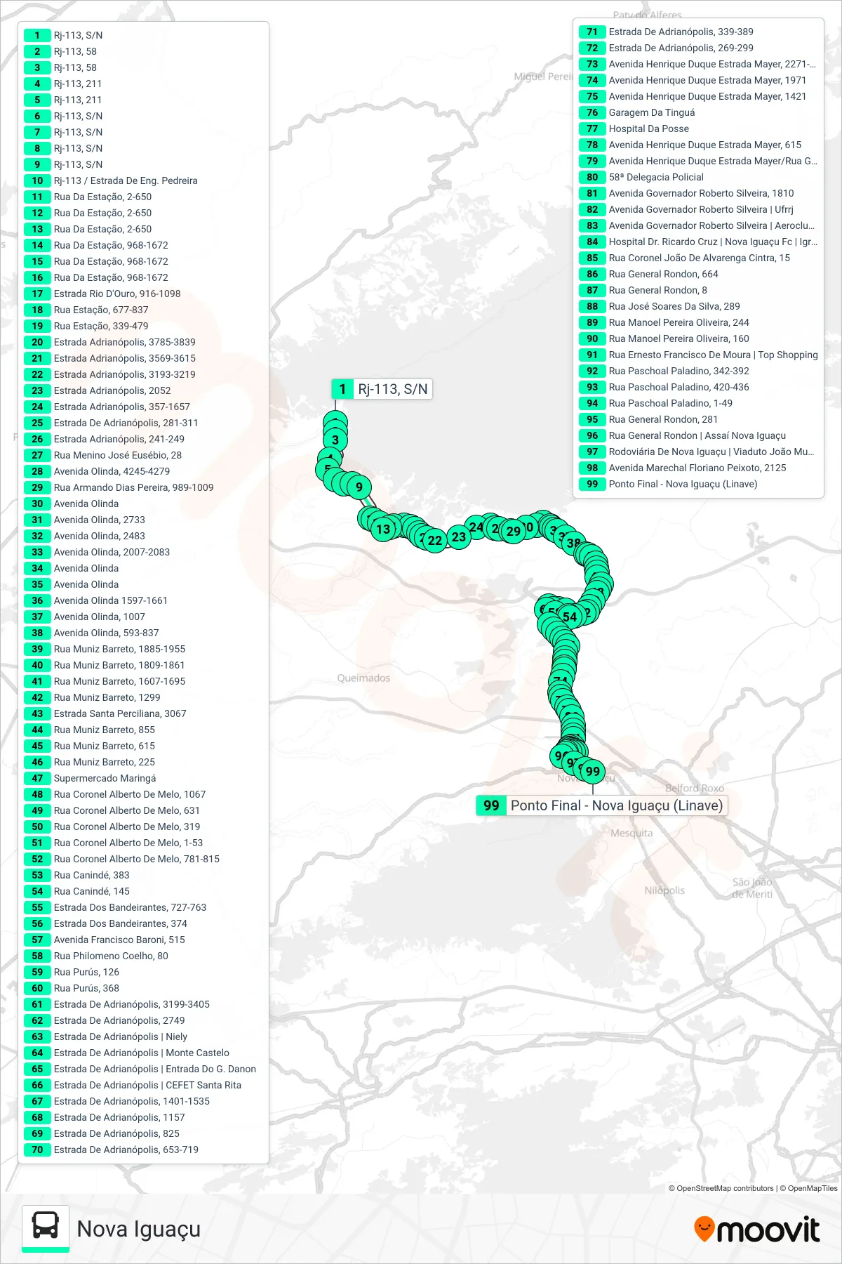 Rota e paradas da linha de ônibus 585I (Nova Iguaçu) no mapa