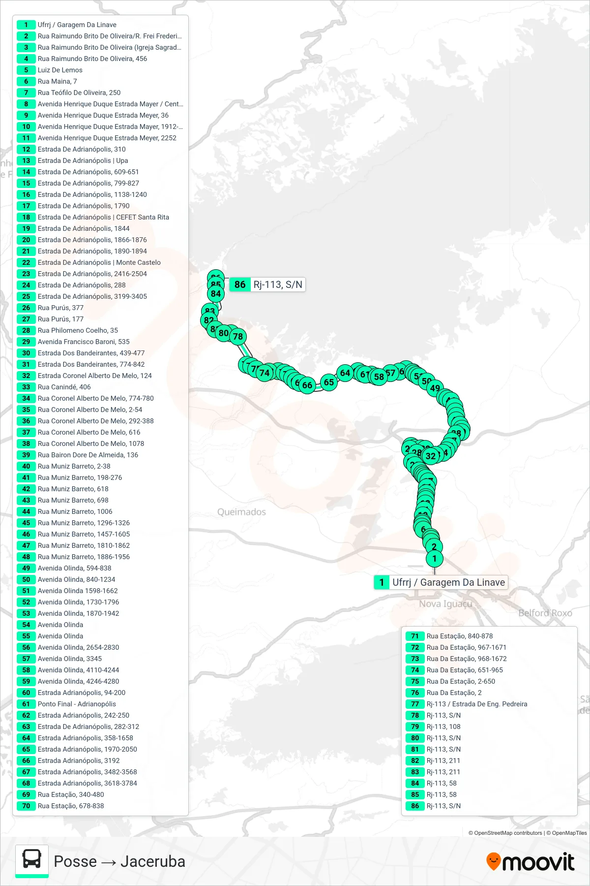Rota e paradas da linha de ônibus 585I (Posse → Jaceruba) no mapa