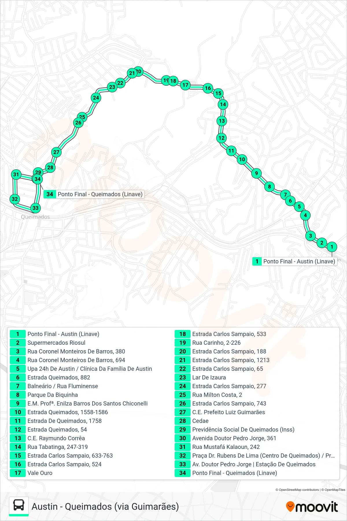 Rota e paradas da linha de ônibus 605I (Queimados) no mapa