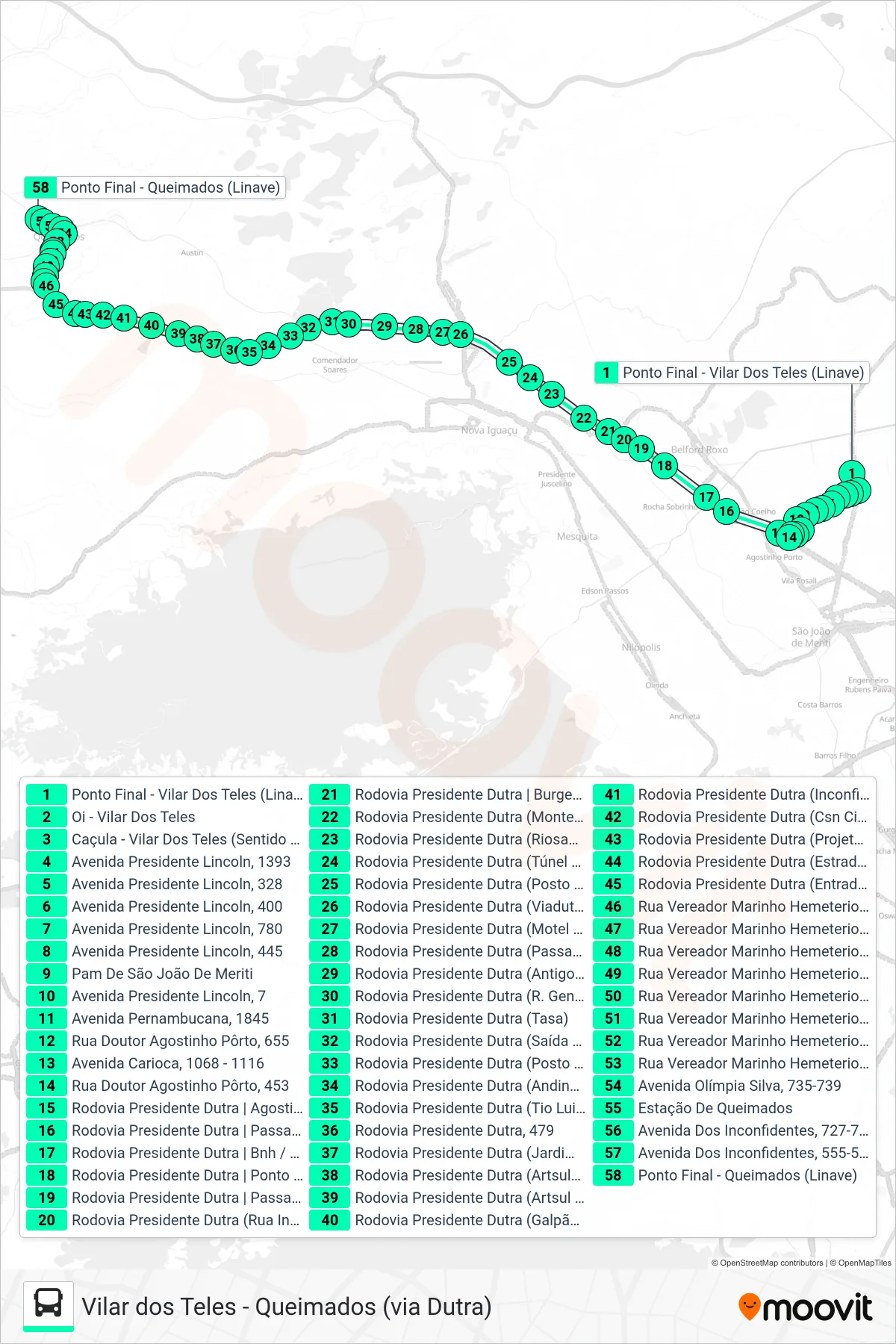 Rota e paradas da linha de ônibus 606I (Queimados) no mapa