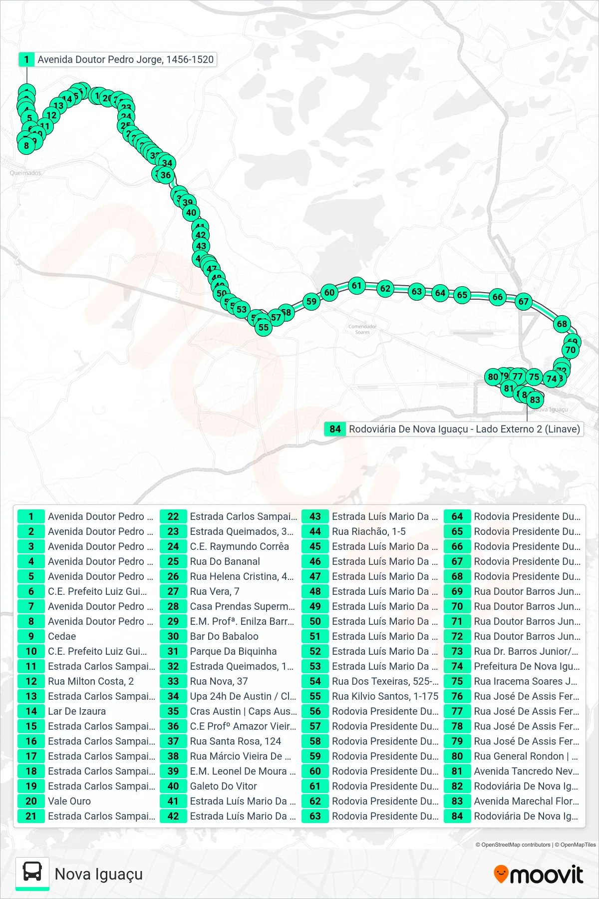 Rota e paradas da linha de ônibus 607I (Nova Iguaçu) no mapa