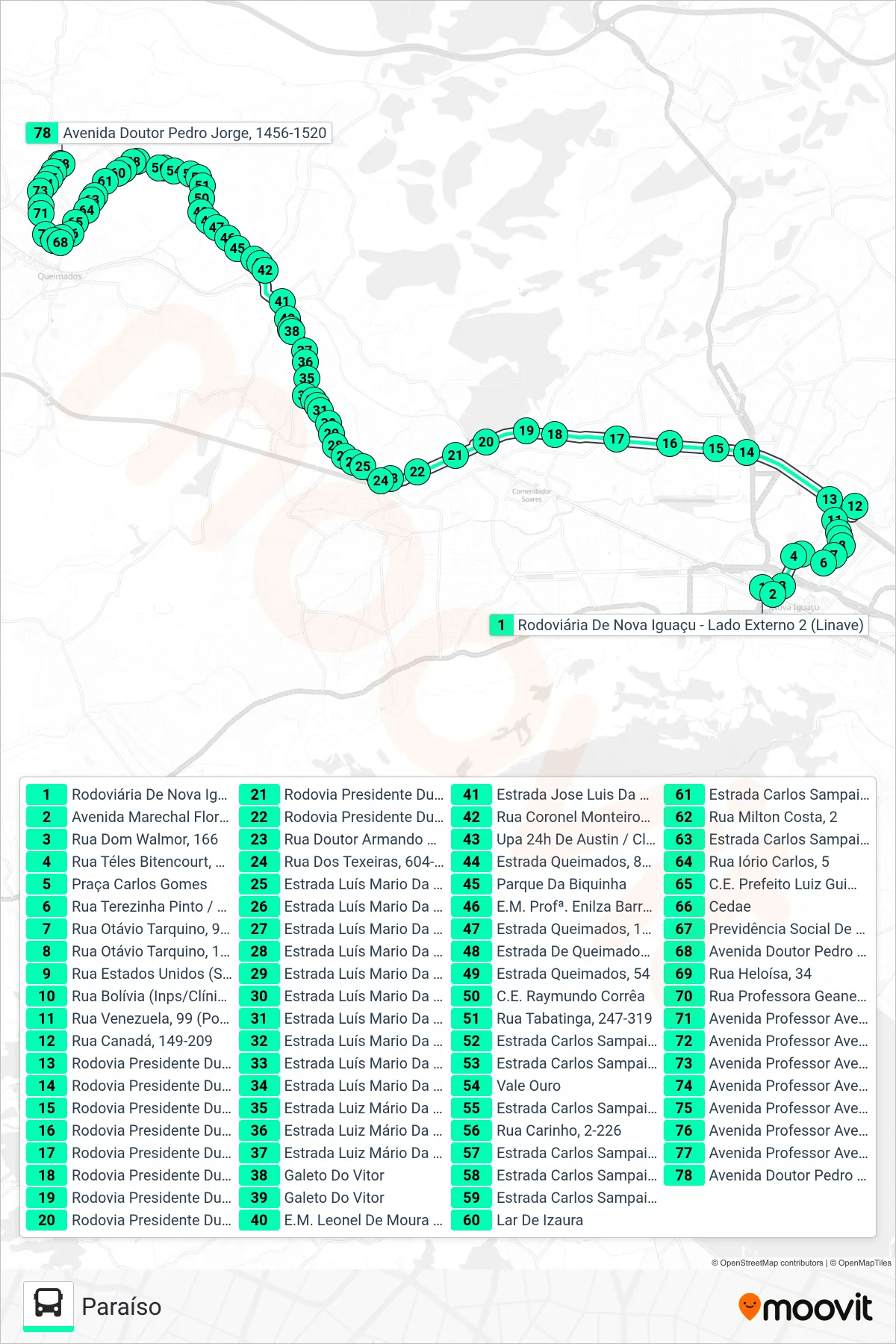 Rota e paradas da linha de ônibus  607I  (Paraíso) no mapa