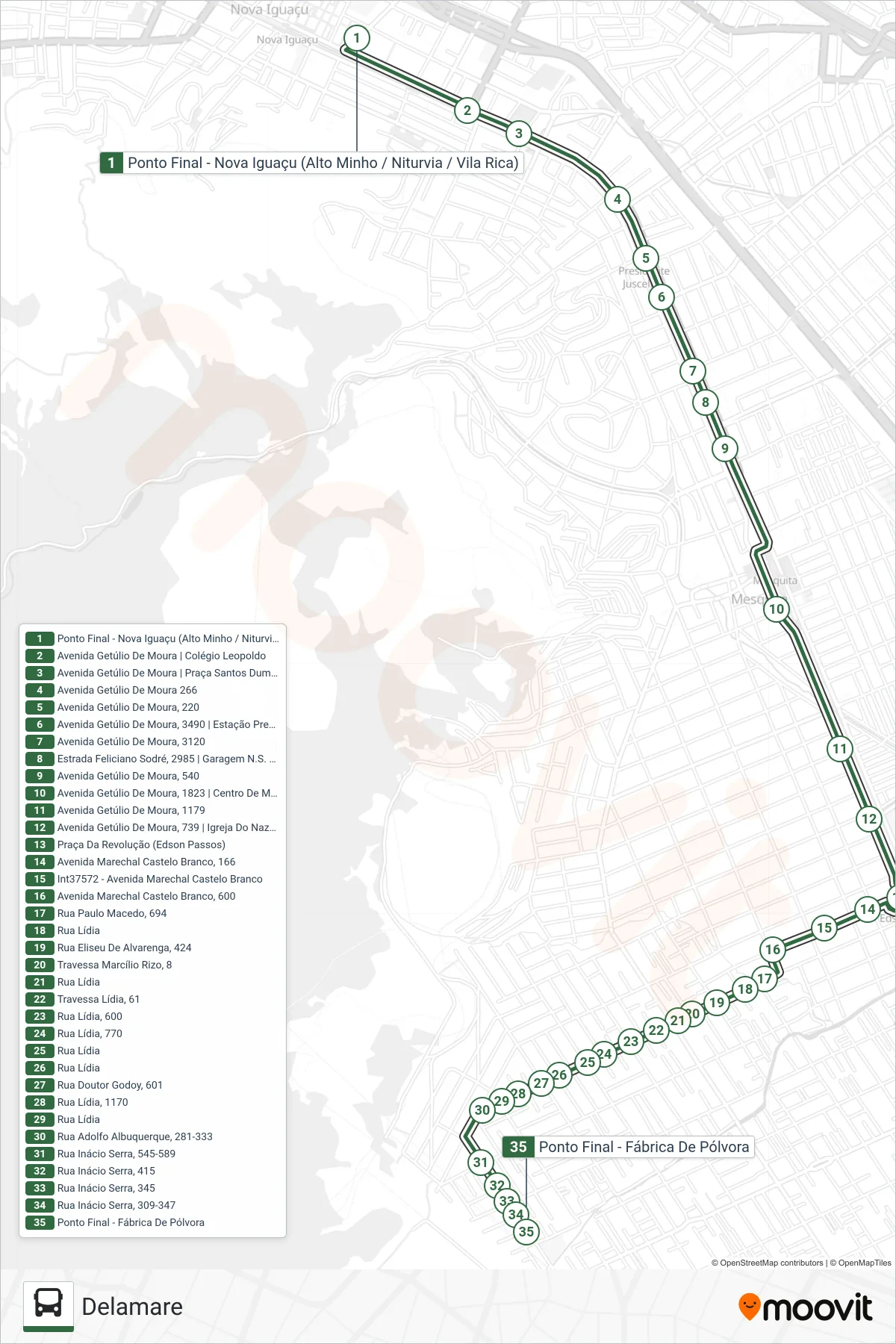 Rota e paradas da linha de ônibus 460I (Delamare) no mapa