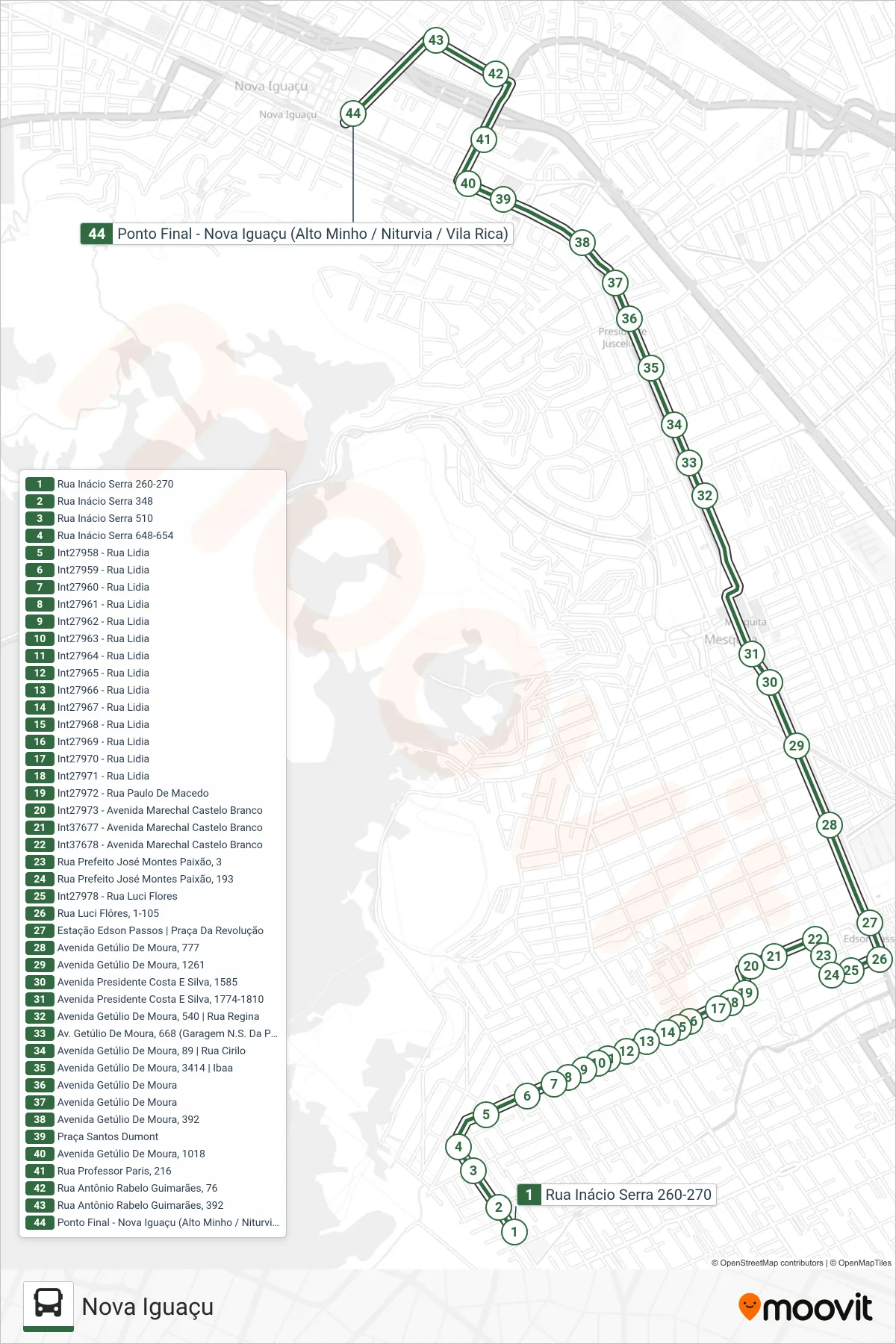 Rota e paradas da linha de ônibus 460I (Nova Iguaçu) no mapa