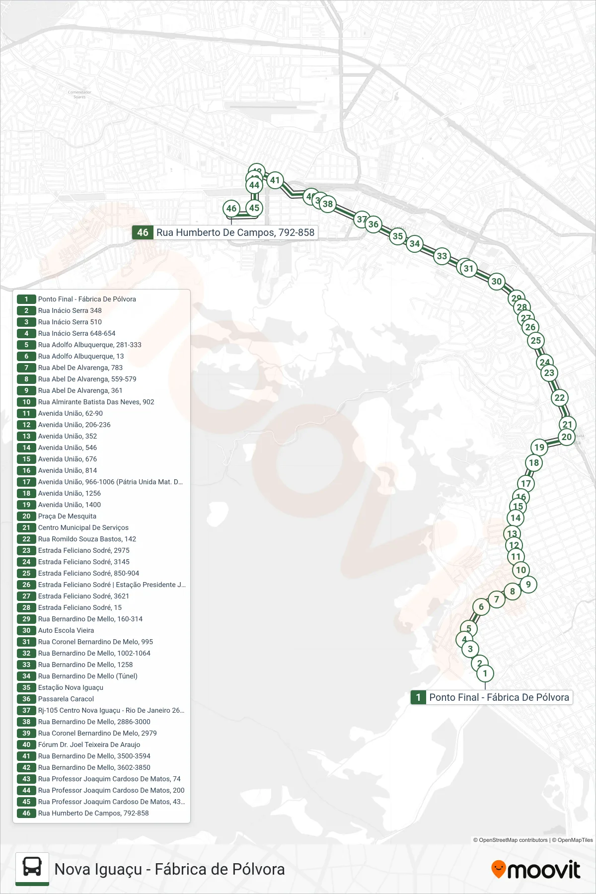 Rota e paradas da linha de ônibus 461I (Nova Iguaçu) no mapa