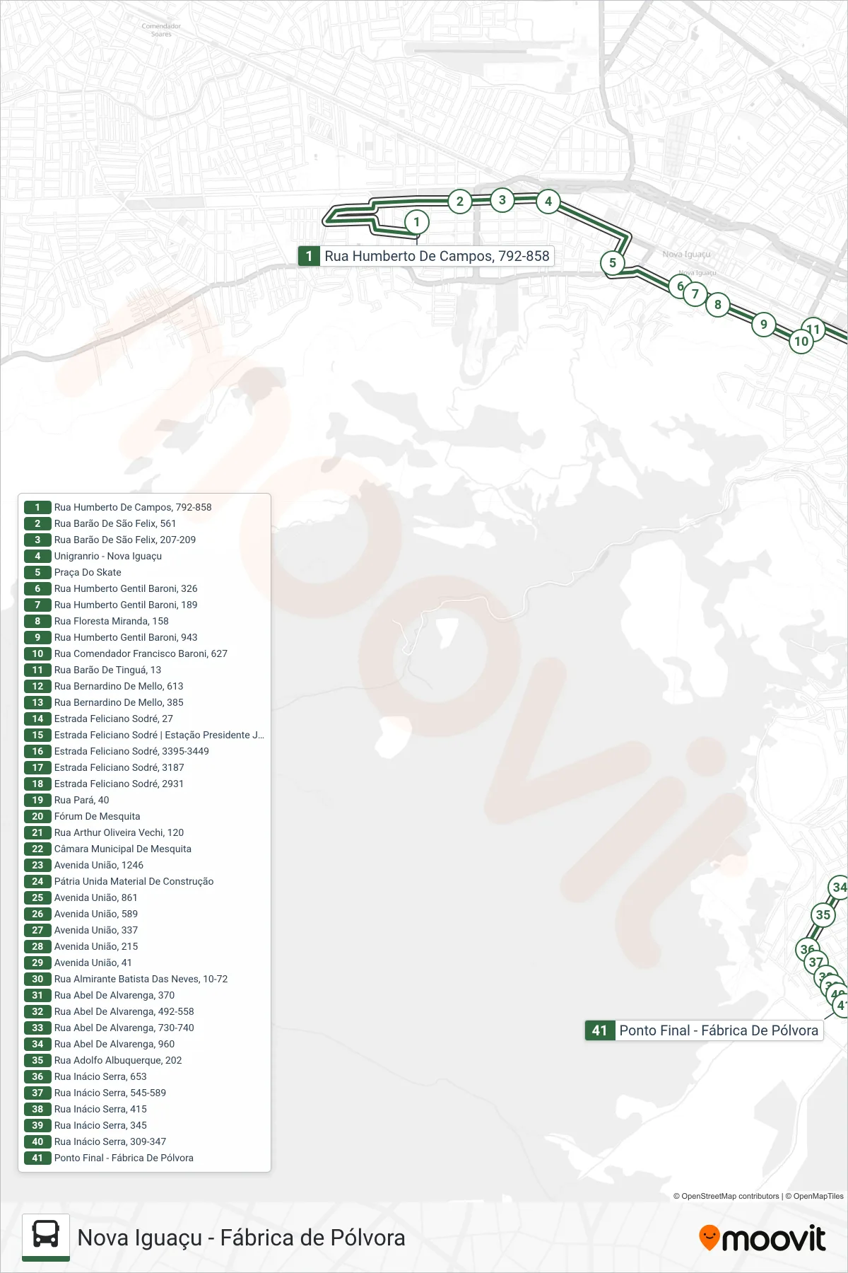 Rota e paradas da linha de ônibus 461I (Fábrica De Pólvora) no mapa