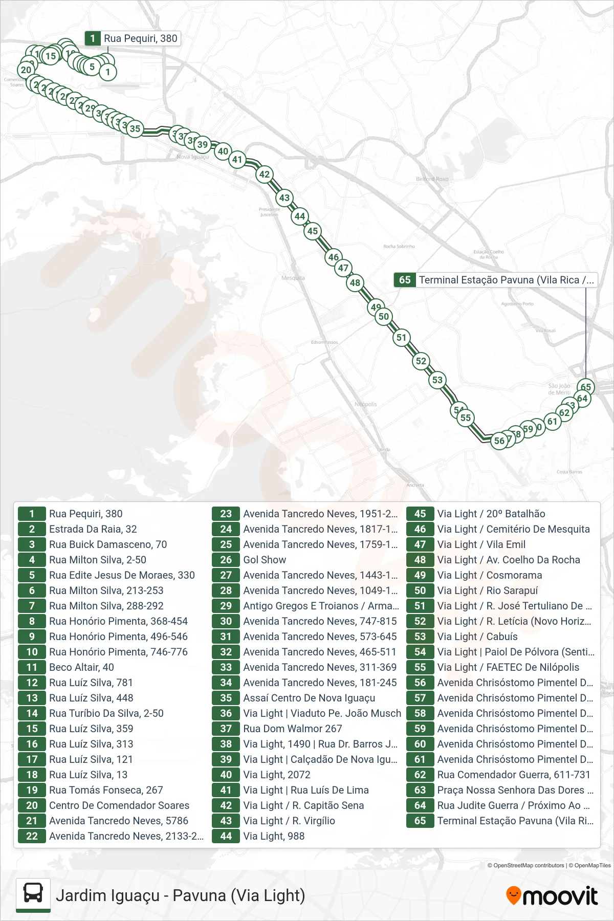 Rota e paradas da linha de ônibus 749L (Pavuna) no mapa