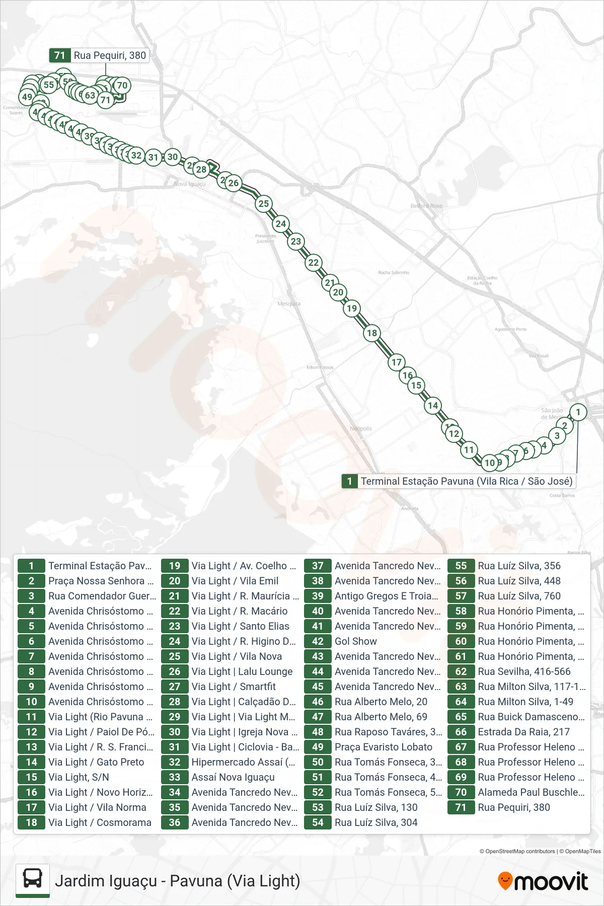Rota e paradas da linha de ônibus 749L (Jardim Iguaçu) no mapa