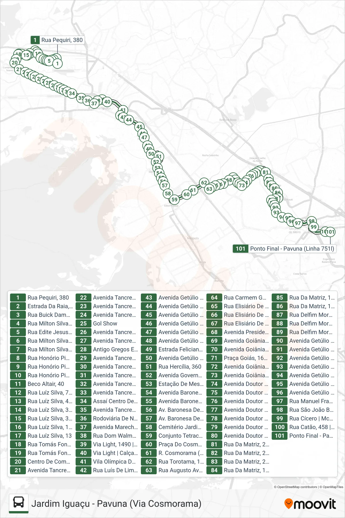 Rota e paradas da linha de ônibus 751L (Pavuna) no mapa