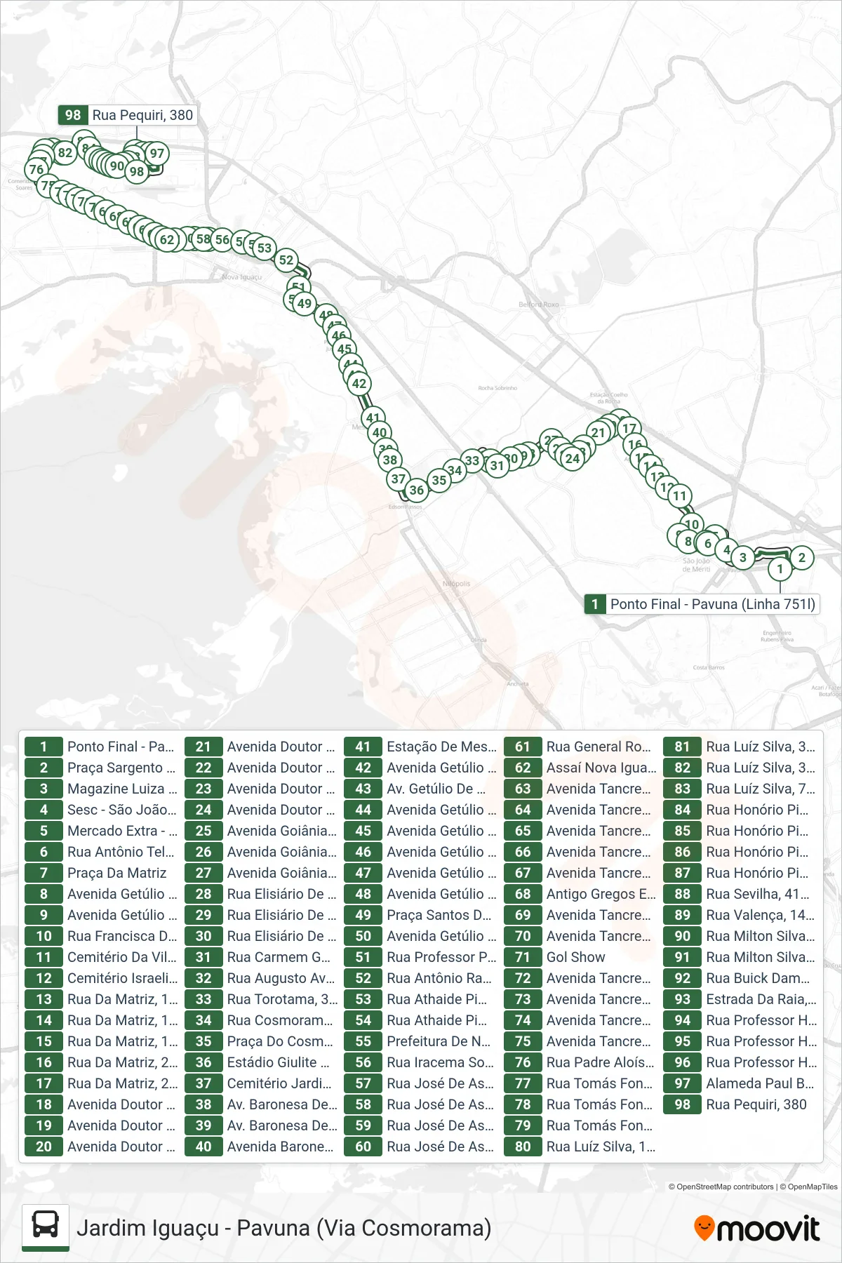 Rota e paradas da linha de ônibus  751L  (Jardim Iguaçu) no mapa
