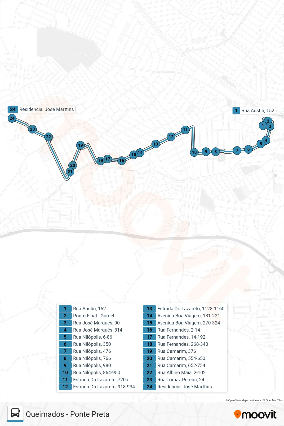 Rota e paradas da linha de ônibus 01 (Ponte Preta) no mapa