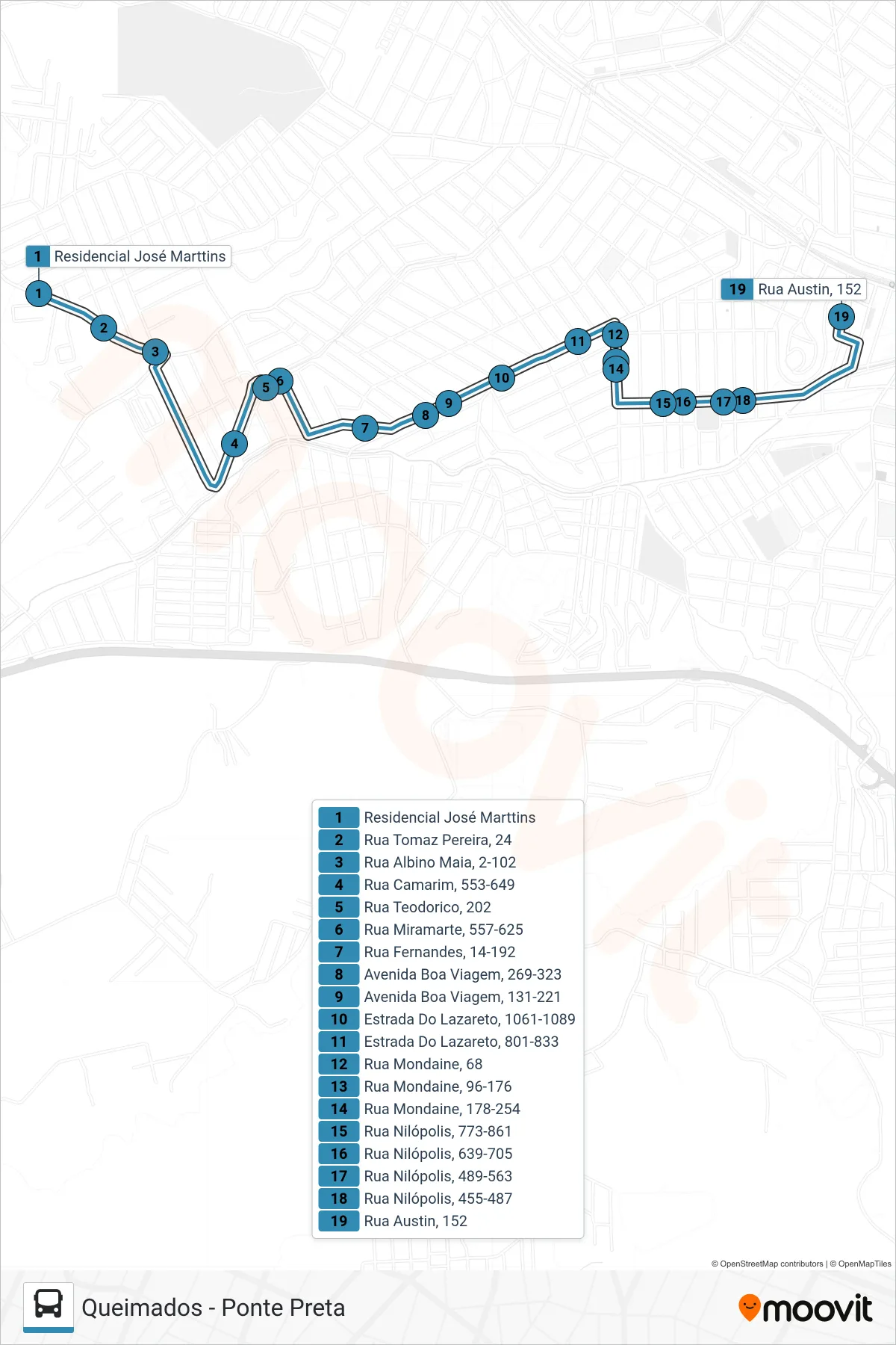 Rota e paradas da linha de ônibus 01 (Queimados) no mapa