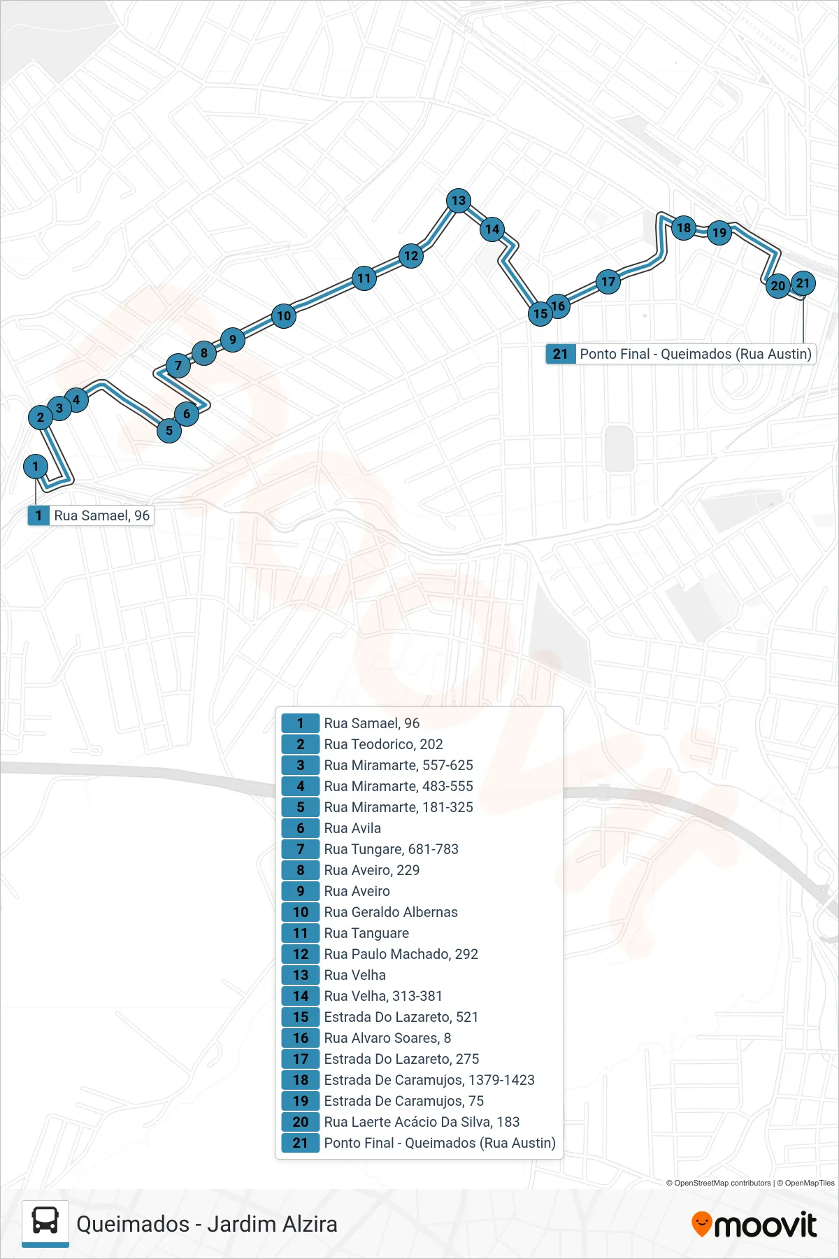 03 bus Line (Queimados) route and stops on a map