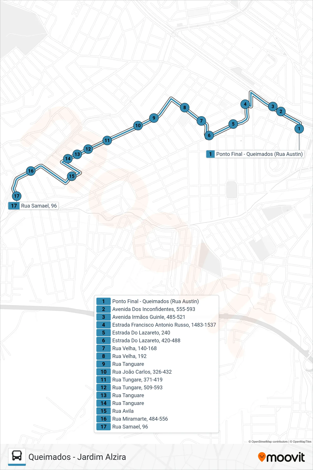 Rota e paradas da linha de ônibus 03 (Jardim Alzira) no mapa