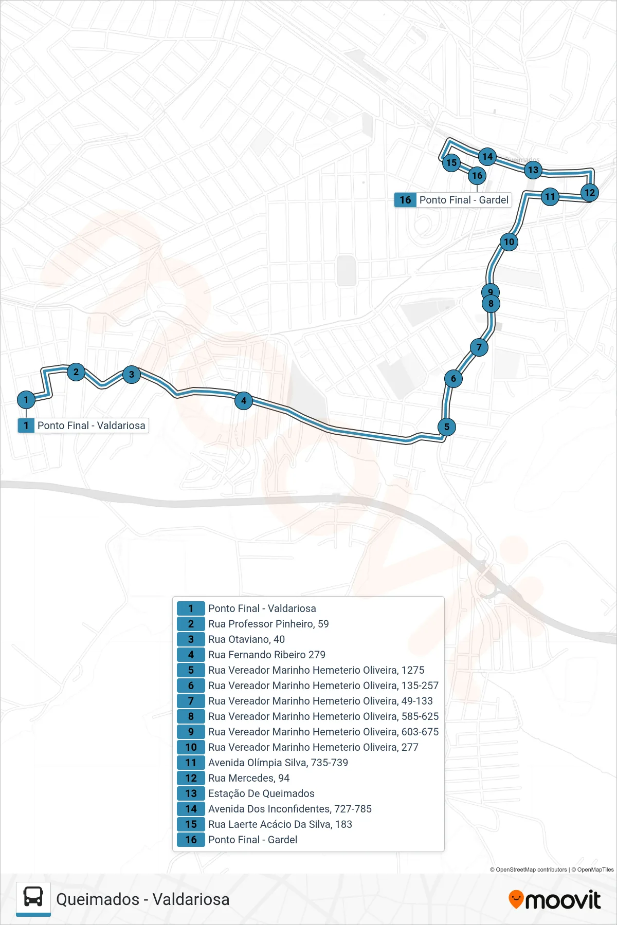Rota e paradas da linha de ônibus 09 (Queimados) no mapa