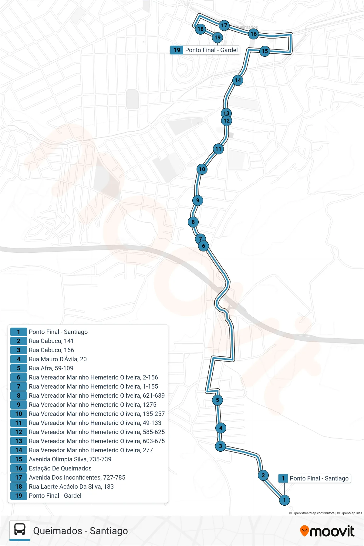 Rota e paradas da linha de ônibus 13 (Queimados) no mapa