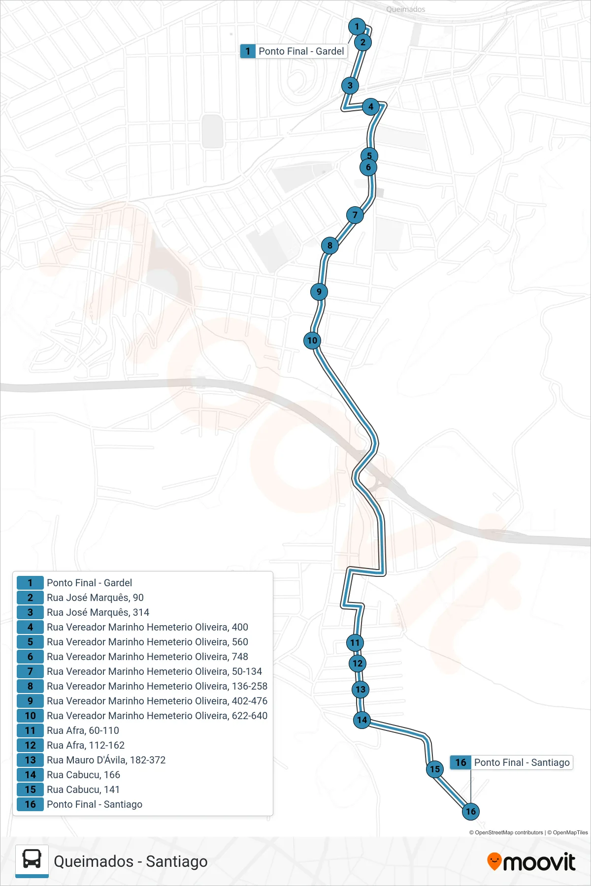 Rota e paradas da linha de ônibus 13 (Santiago) no mapa