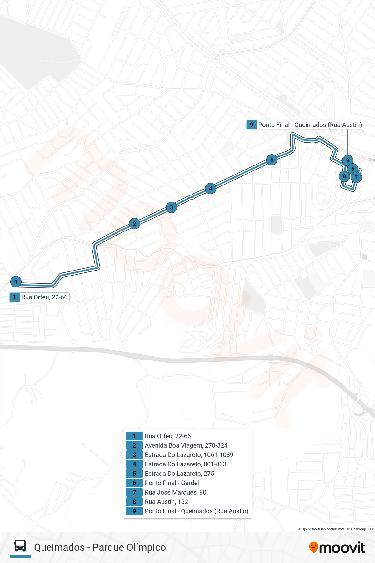 Rota e paradas da linha de ônibus 15 (Queimados) no mapa