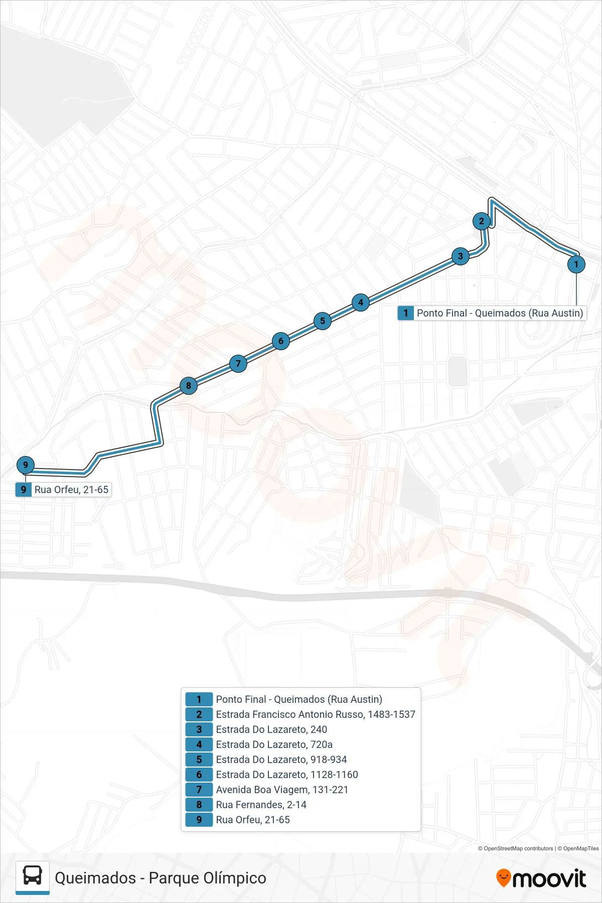 Rota e paradas da linha de ônibus 15 (Parque Olímpico) no mapa