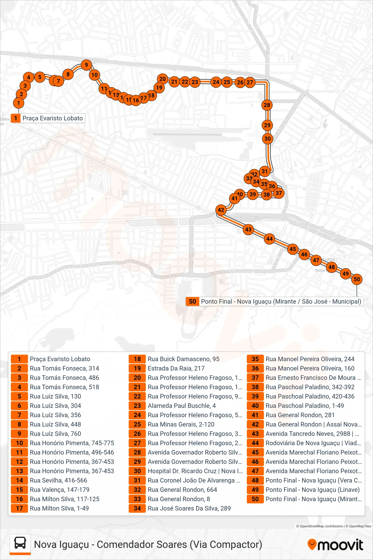 Rota e paradas da linha de ônibus 107 (Nova Iguaçu) no mapa