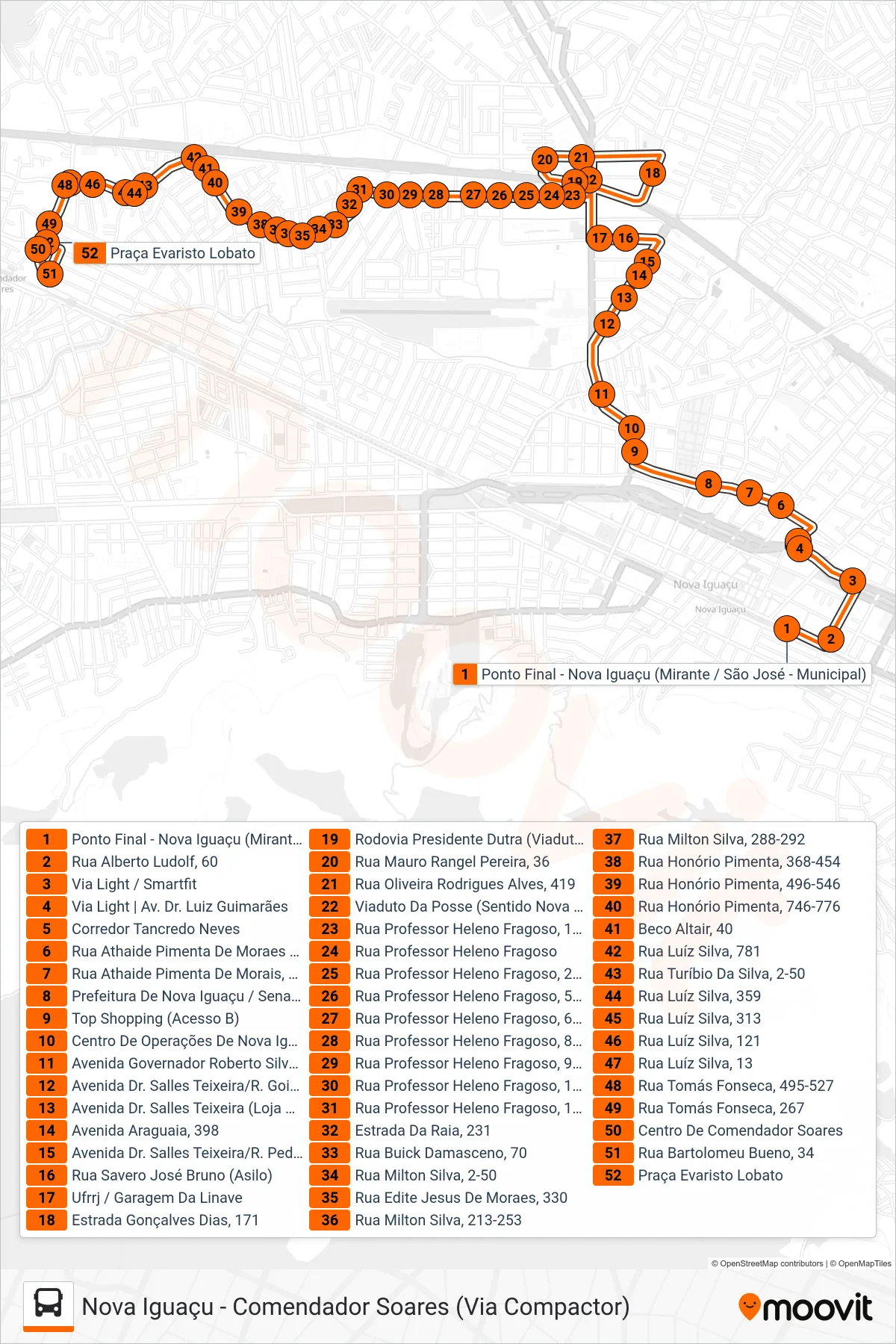 Rota e paradas da linha de ônibus 107 (Comendador Soares) no mapa
