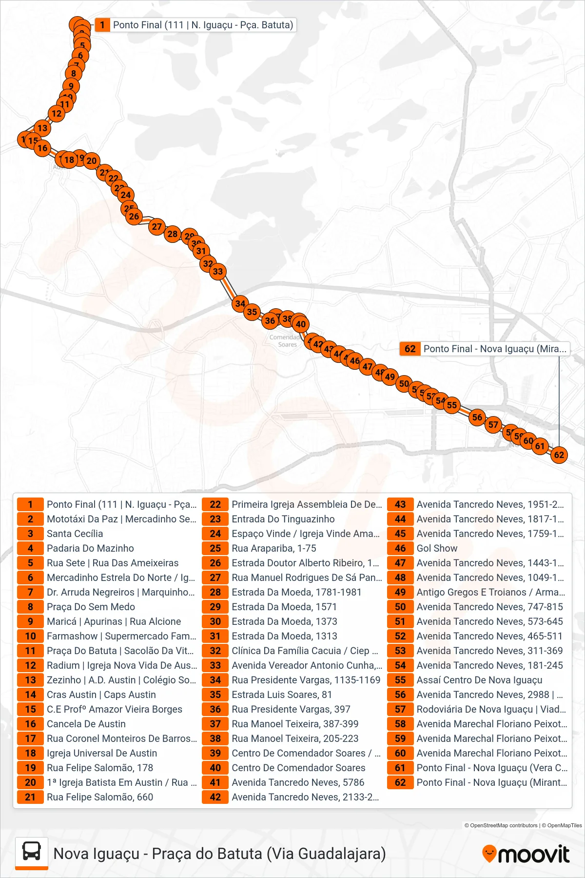 111 bus Line (Nova Iguaçu) route and stops on a map