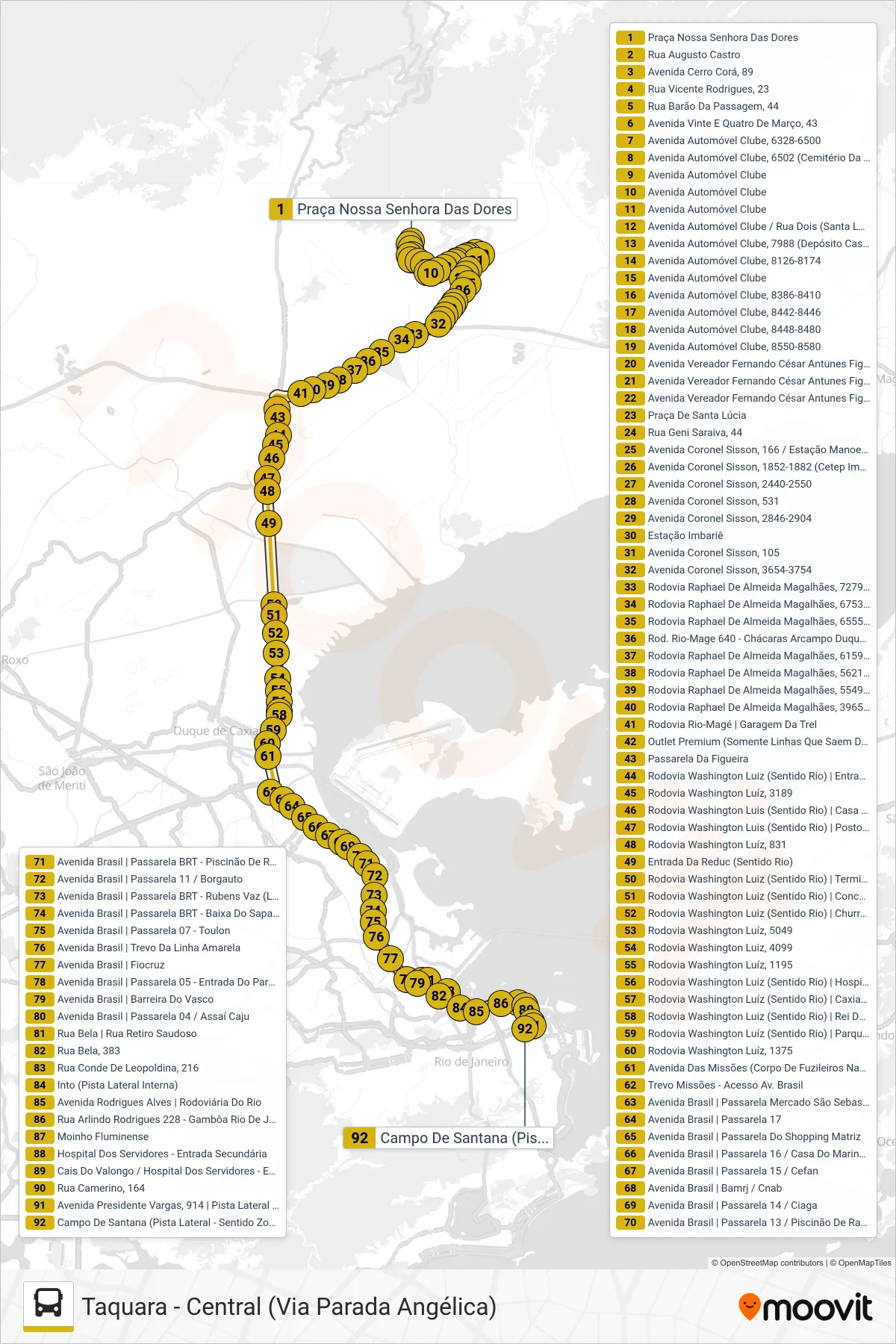 Rota e paradas da linha de ônibus 470C (Central) no mapa