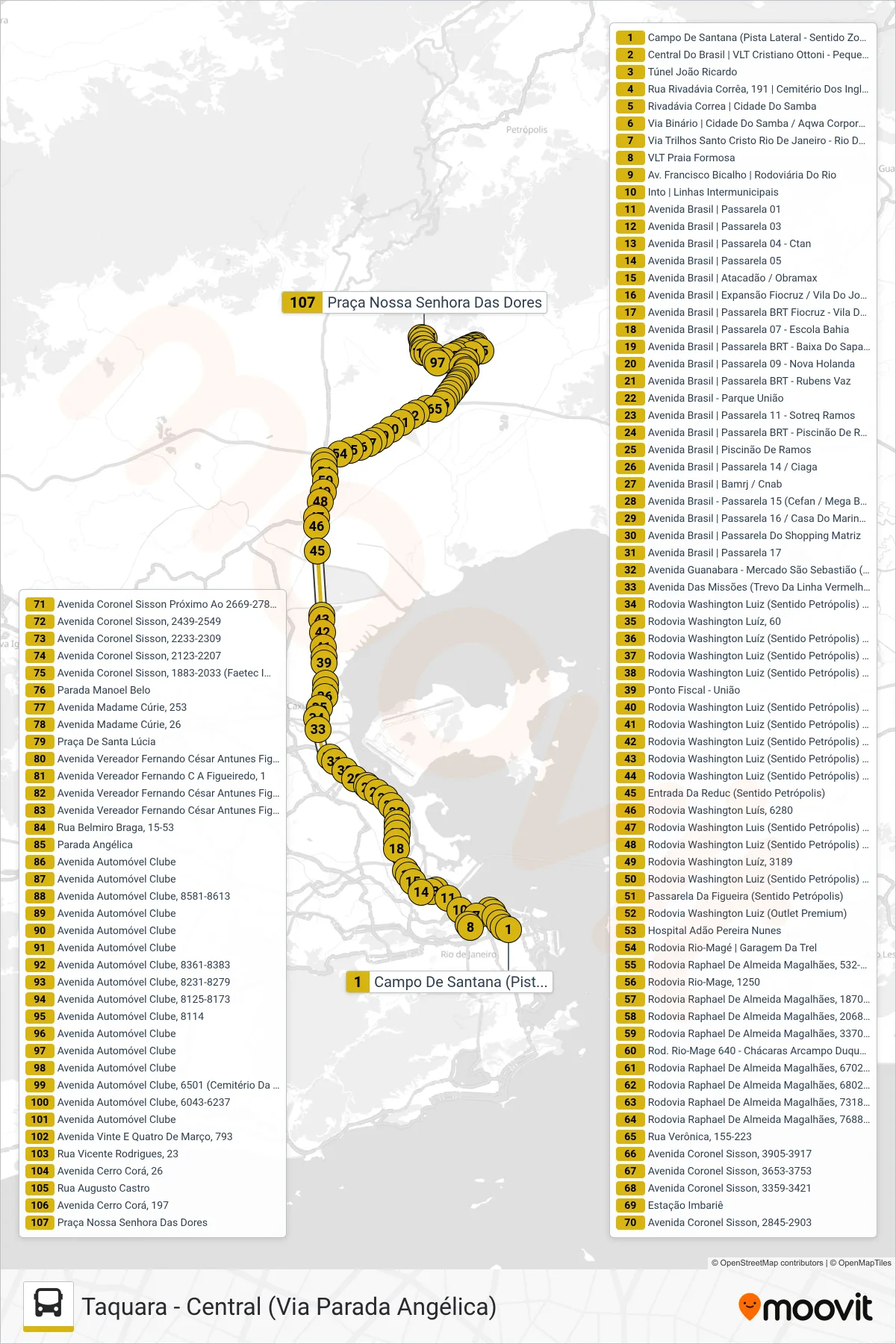 Rota e paradas da linha de ônibus 470C (Taquara) no mapa