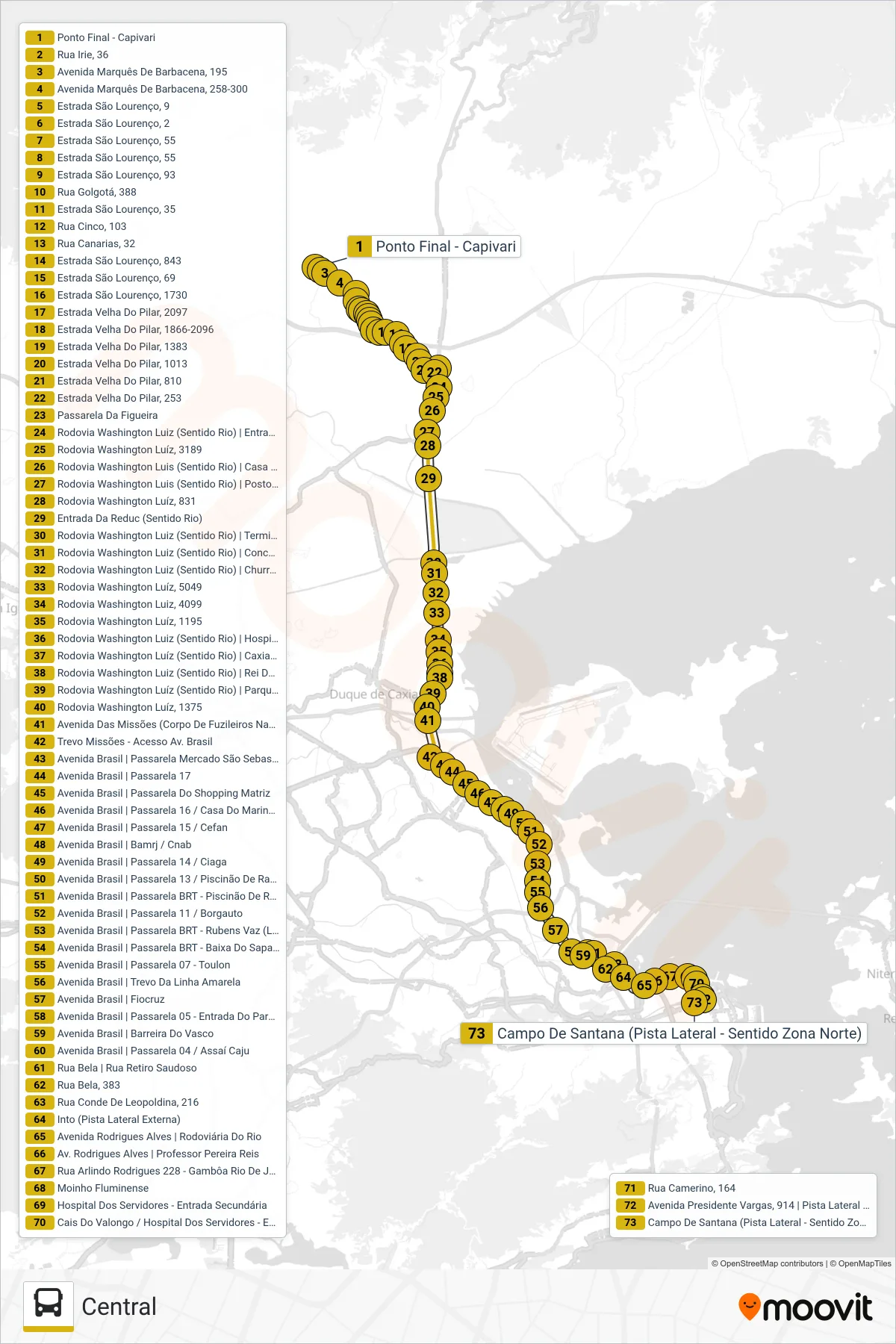 Rota e paradas da linha de ônibus 565C (Central) no mapa