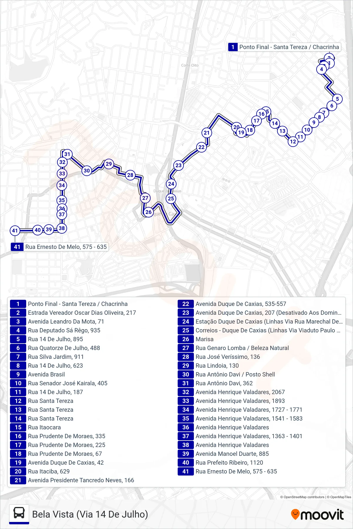 Rota e paradas da linha de ônibus 09 (Bela Vista (Via 14 De Julho)) no mapa