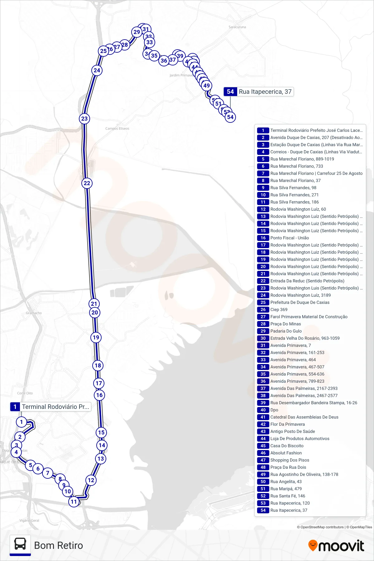 Rota e paradas da linha de ônibus 11 (Bom Retiro) no mapa