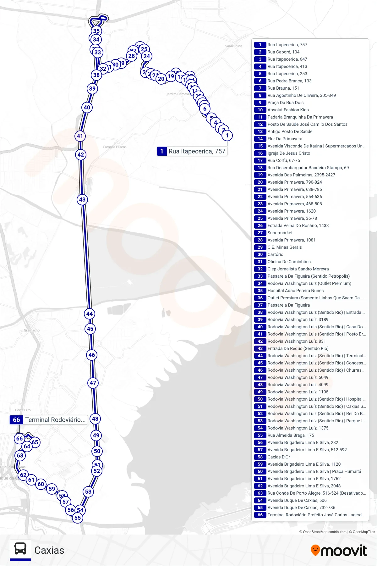 Rota e paradas da linha de ônibus 11 (Caxias) no mapa