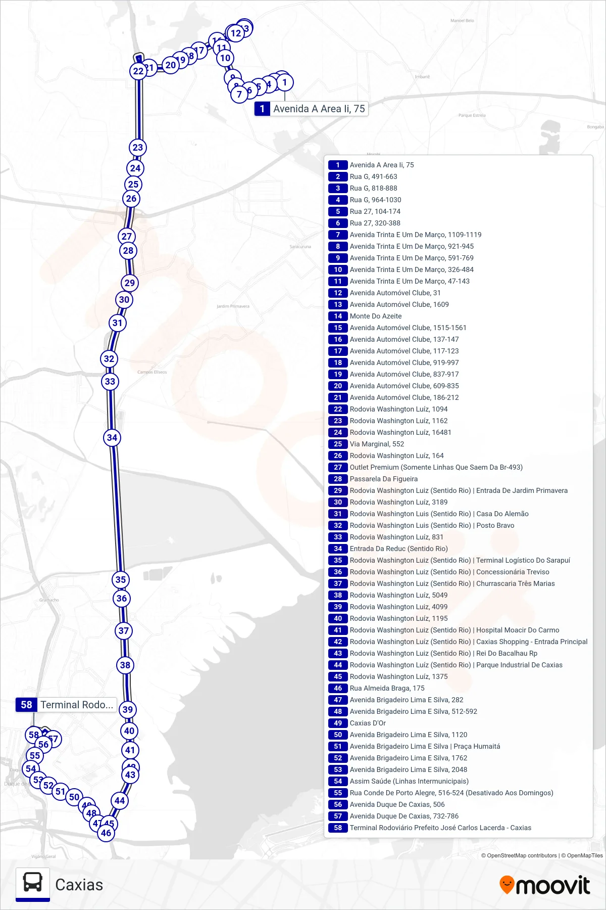 Rota e paradas da linha de ônibus 46 (Caxias) no mapa