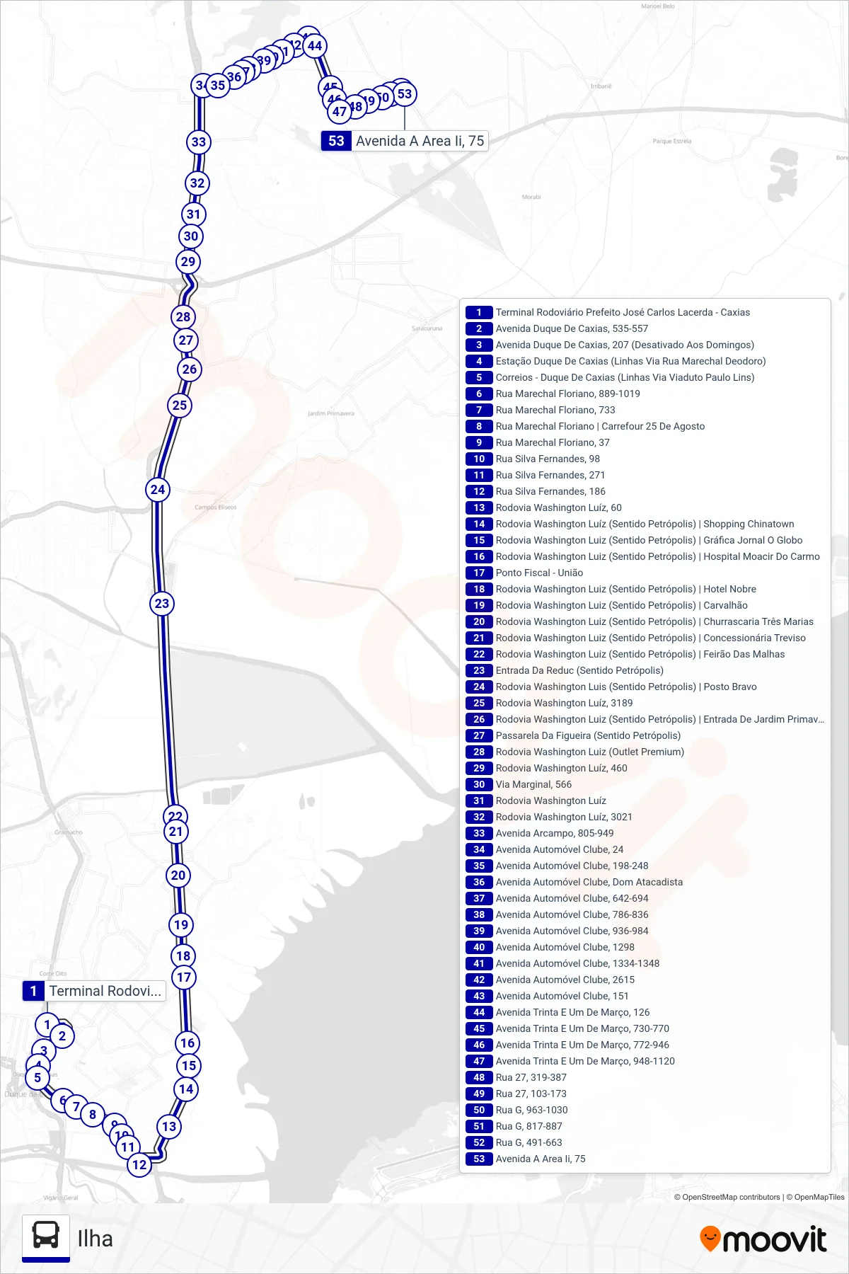 Rota e paradas da linha de ônibus 46 (Ilha) no mapa