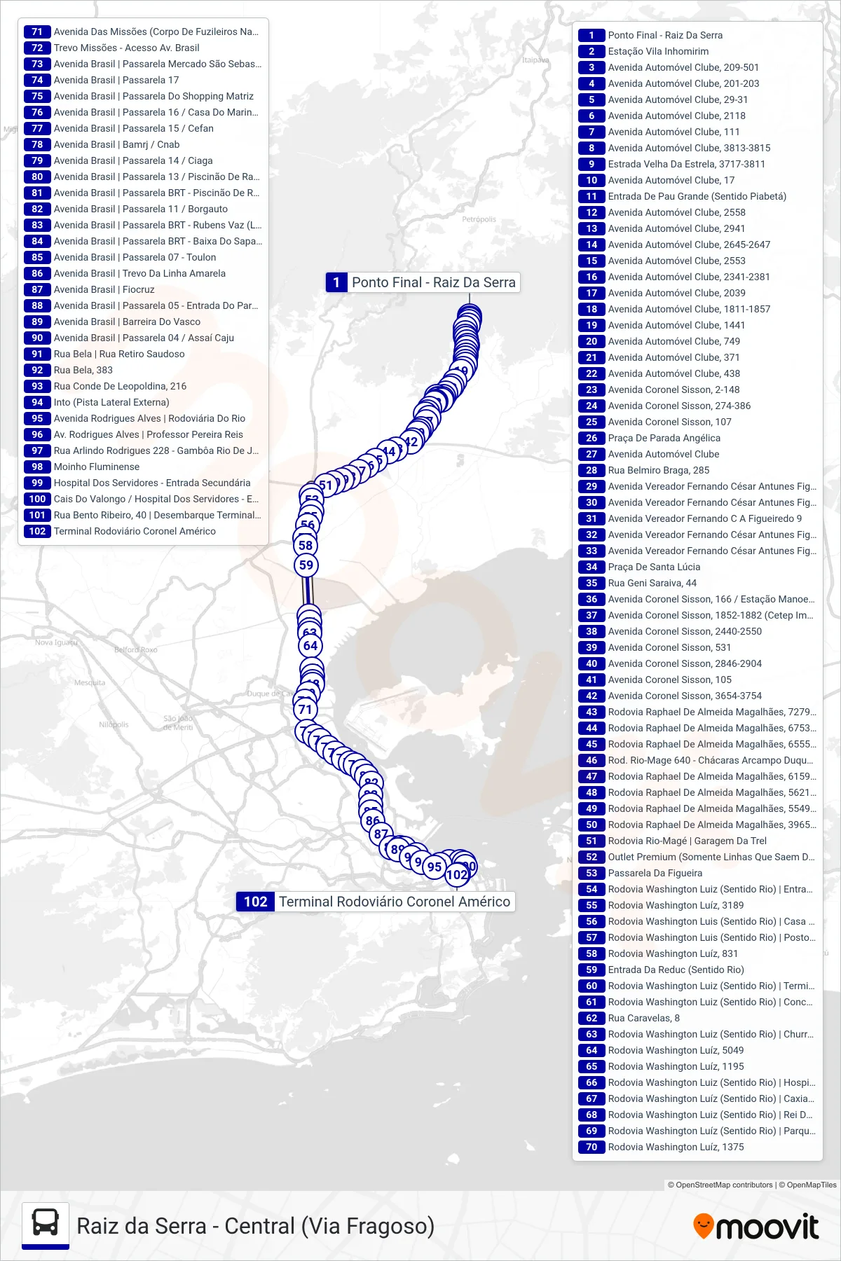 Rota e paradas da linha de ônibus 461C (Central) no mapa