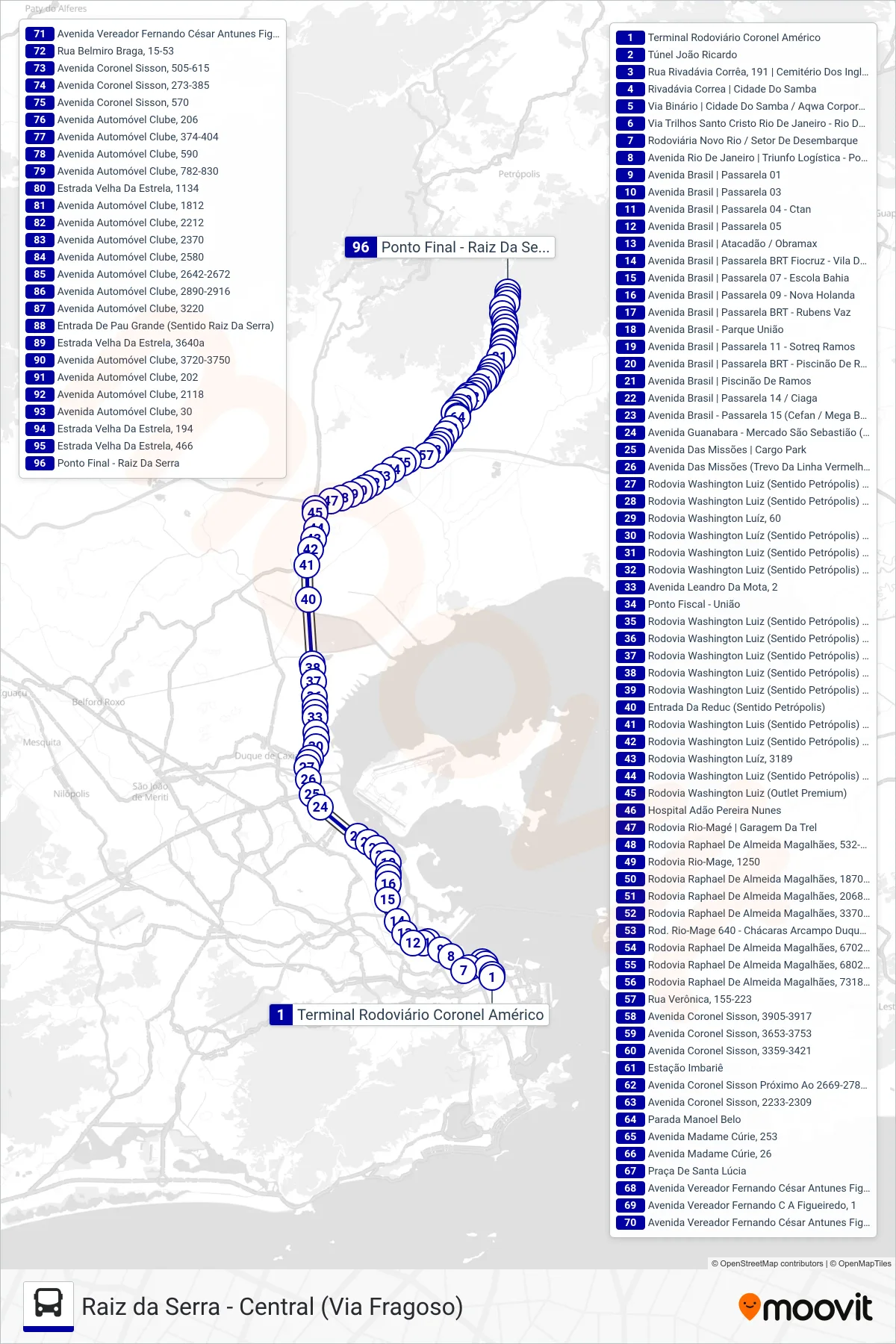 Rota e paradas da linha de ônibus 461C (Raiz Da Serra) no mapa