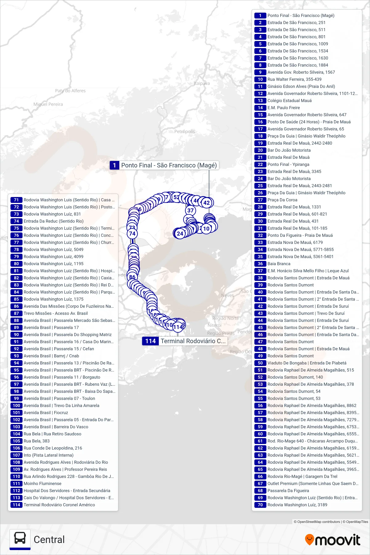 Rota e paradas da linha de ônibus  466C  (Central) no mapa