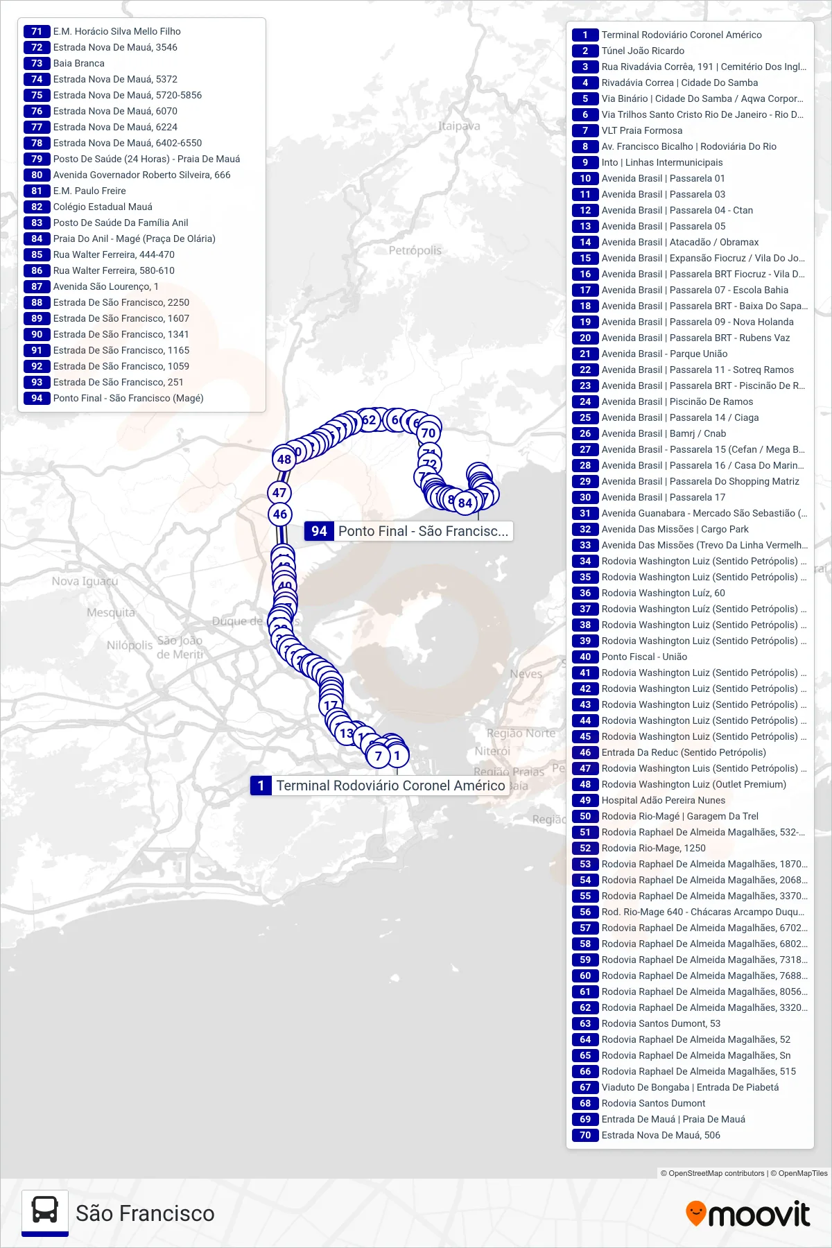 Rota e paradas da linha de ônibus 466C (São Francisco) no mapa
