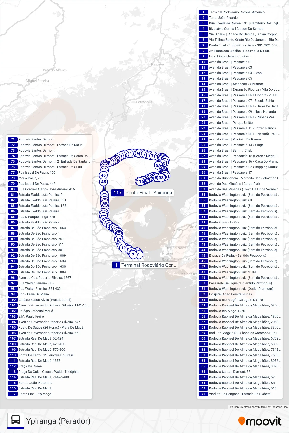 Rota e paradas da linha de ônibus 467C (Ypiranga (Parador)) no mapa